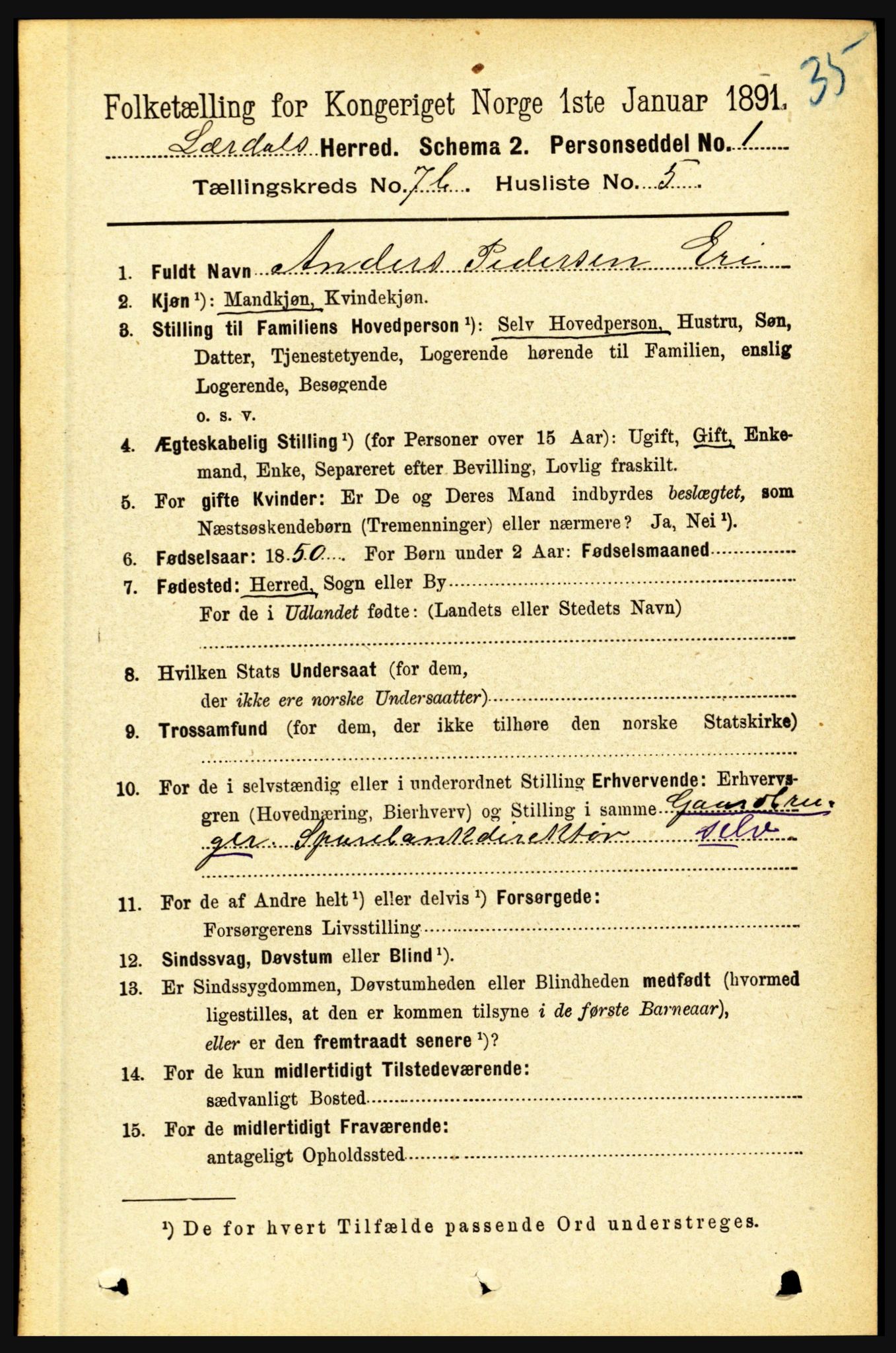 RA, 1891 census for 1422 Lærdal, 1891, p. 1159