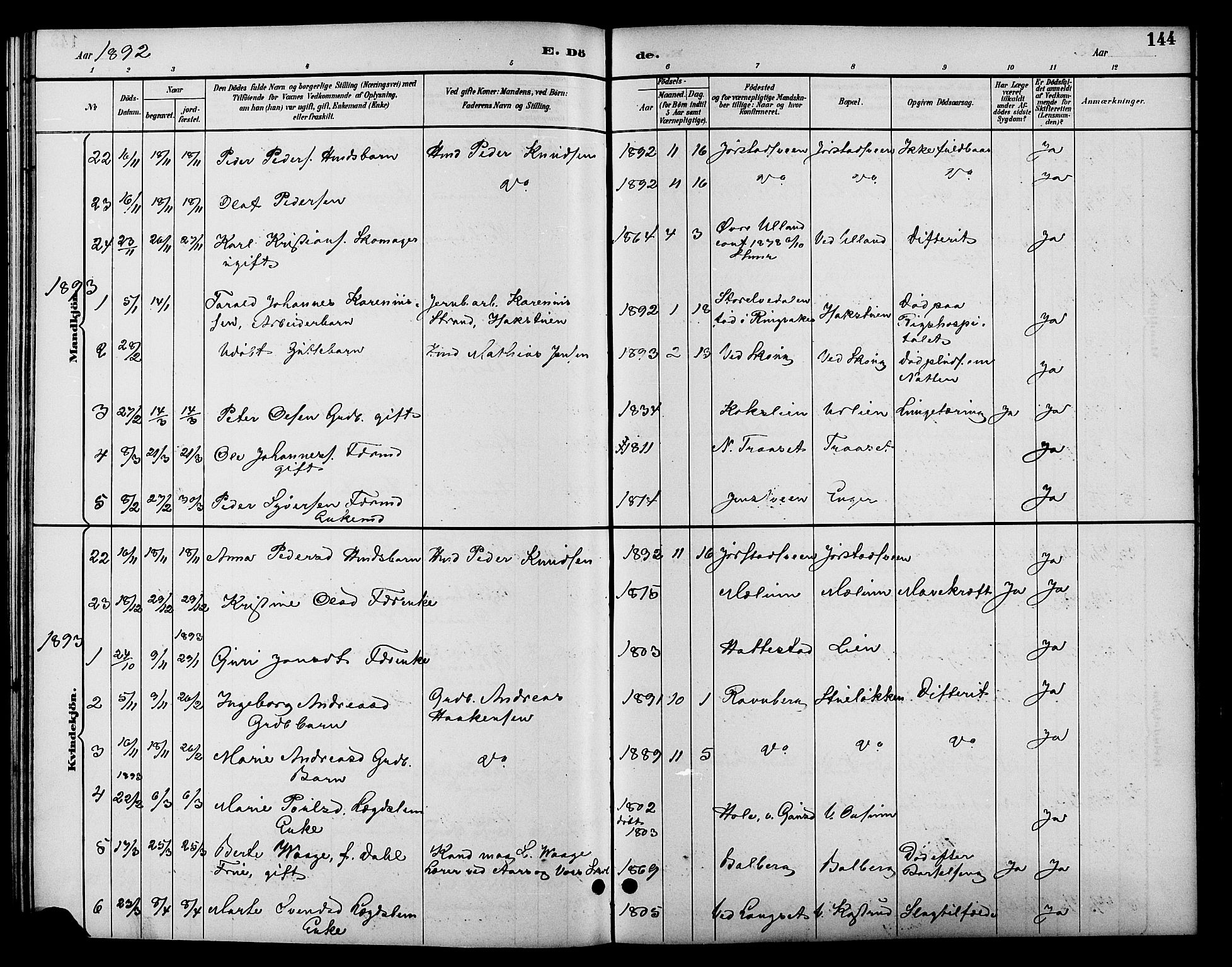 Fåberg prestekontor, SAH/PREST-086/H/Ha/Hab/L0010: Parish register (copy) no. 10, 1892-1900, p. 144