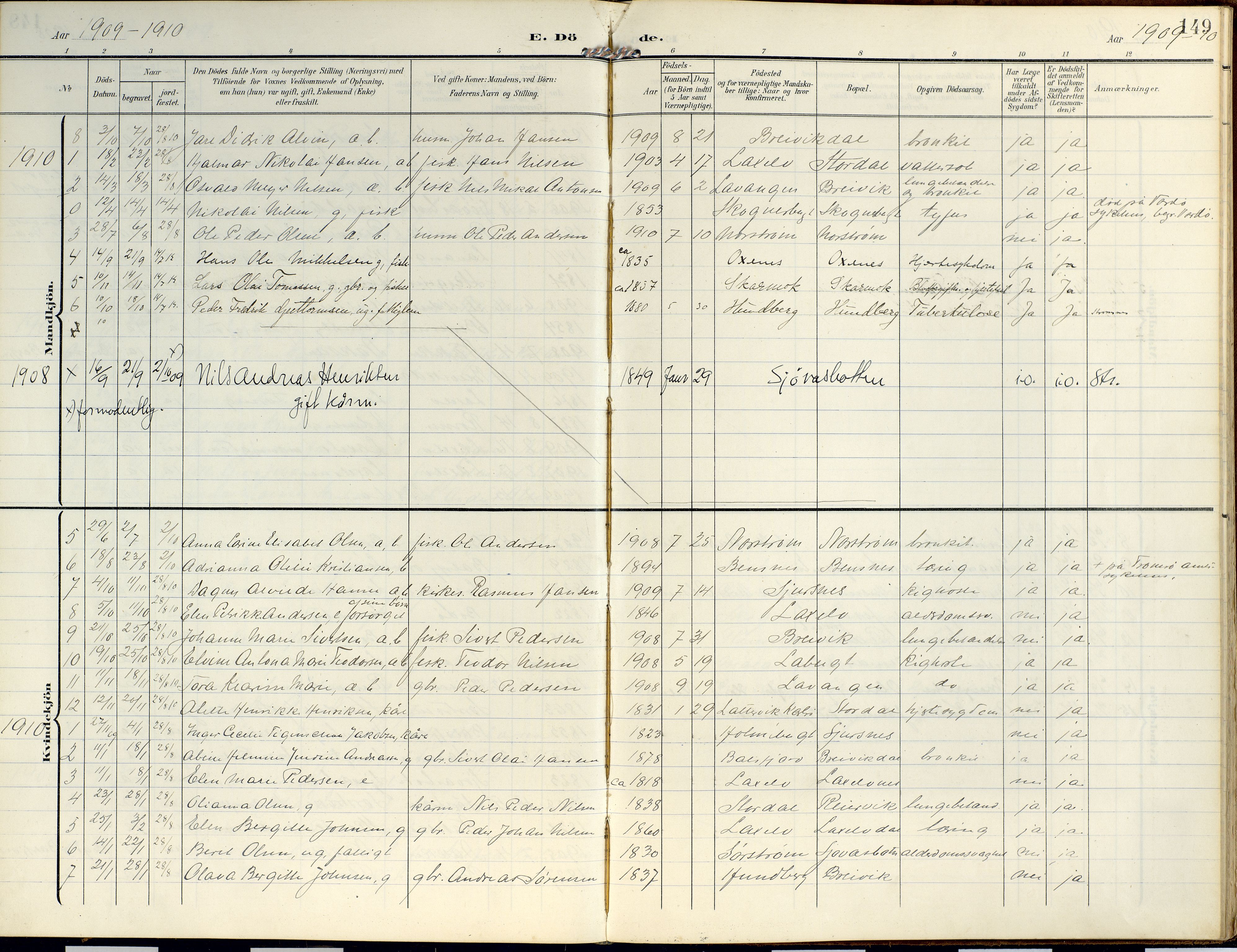 Lyngen sokneprestembete, AV/SATØ-S-1289/H/He/Hea/L0014kirke: Parish register (official) no. 14, 1905-1920, p. 149