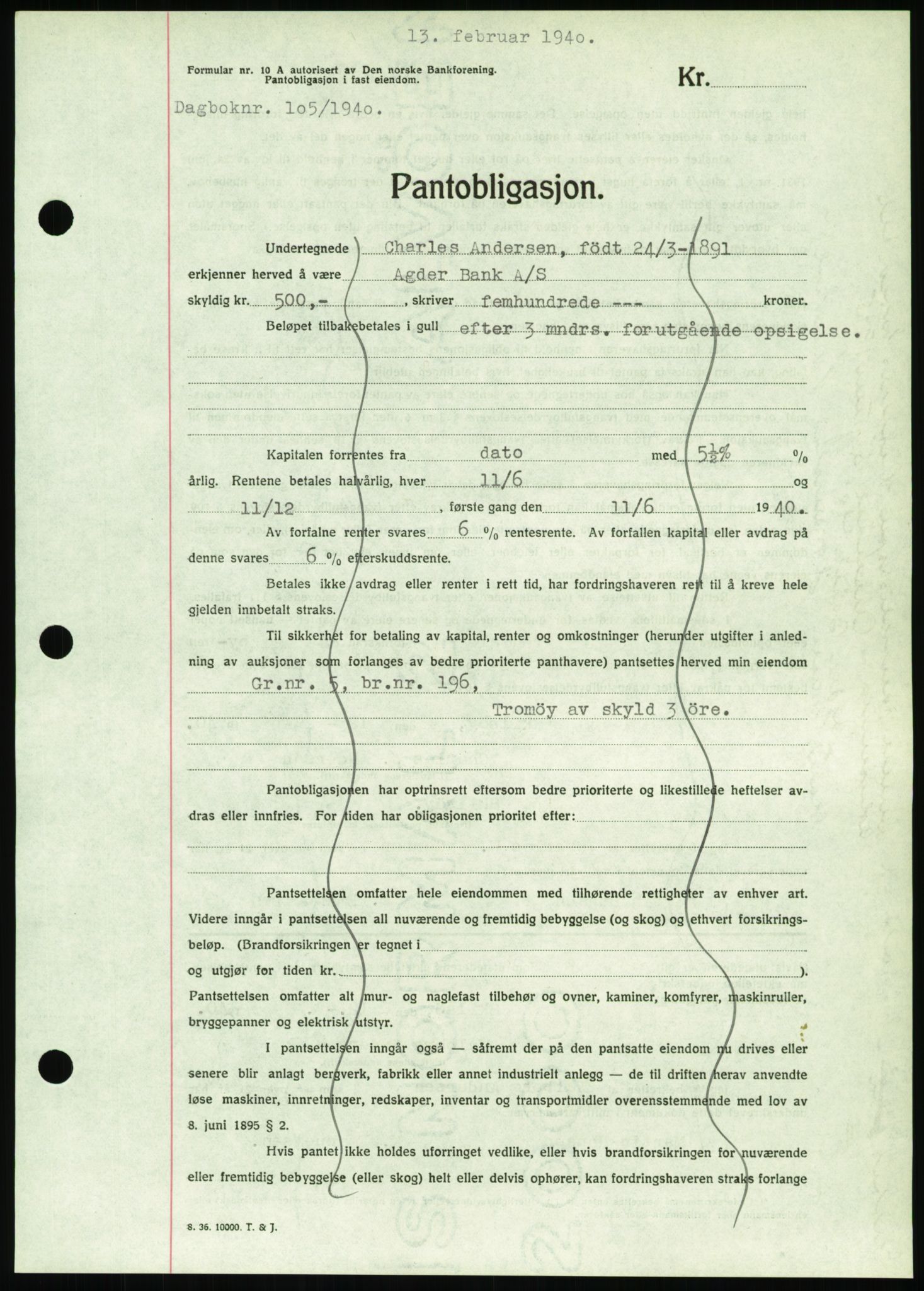 Nedenes sorenskriveri, AV/SAK-1221-0006/G/Gb/Gbb/L0001: Mortgage book no. I, 1939-1942, Diary no: : 105/1940