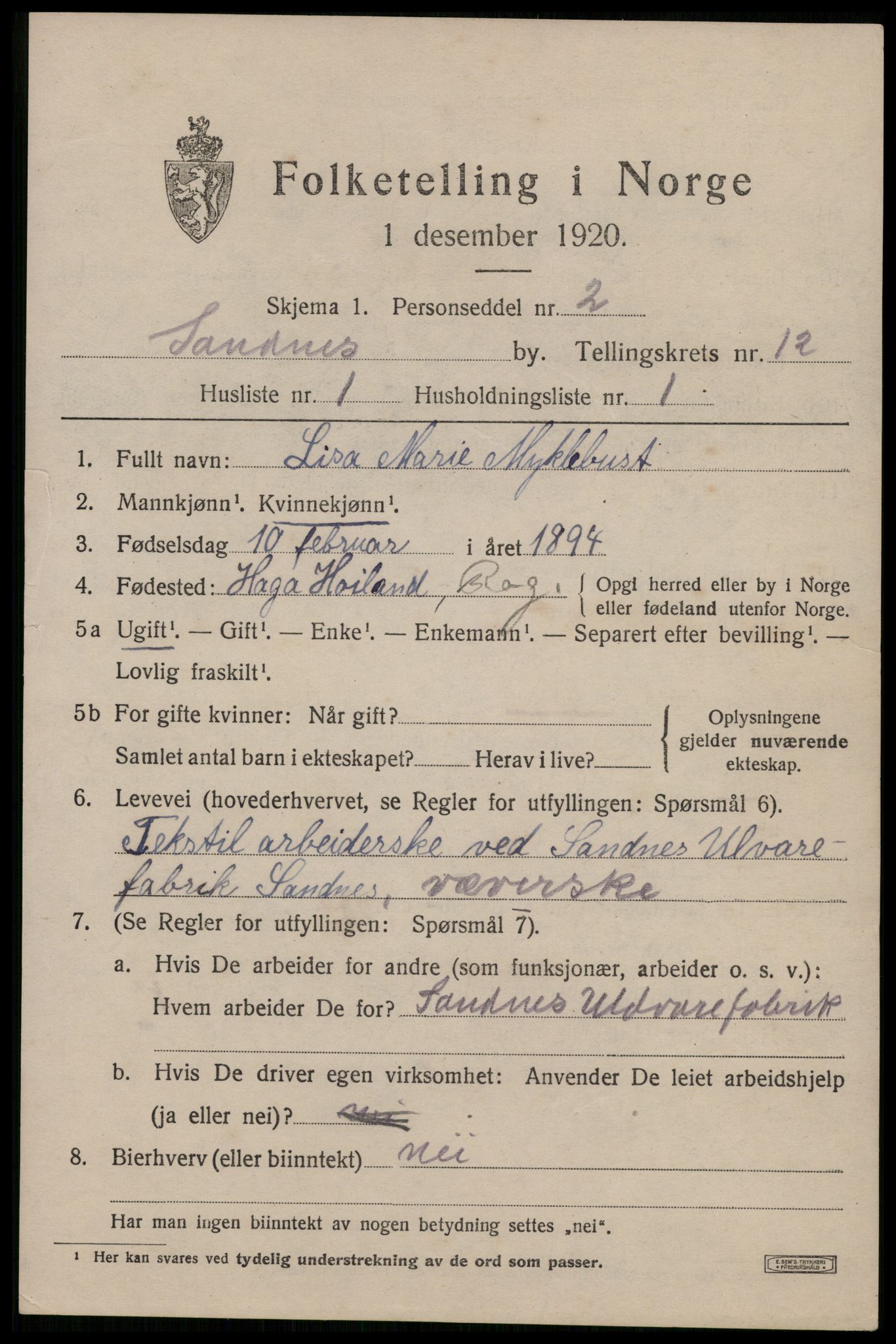 SAST, 1920 census for Sandnes, 1920, p. 7636