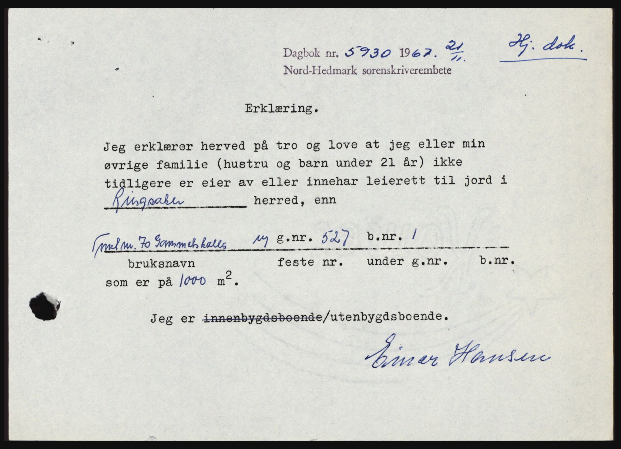 Nord-Hedmark sorenskriveri, SAH/TING-012/H/Hc/L0027: Mortgage book no. 27, 1967-1968, Diary no: : 5930/1967