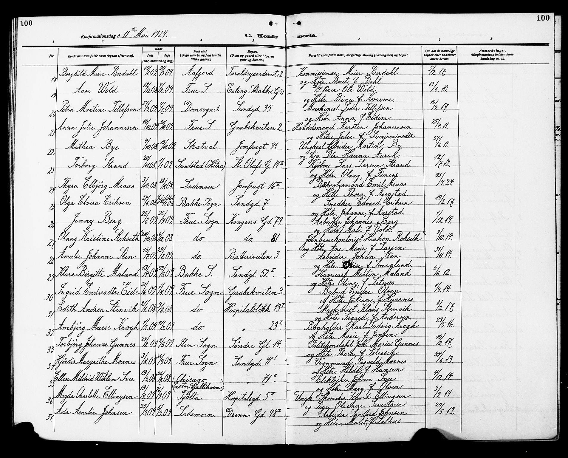 Ministerialprotokoller, klokkerbøker og fødselsregistre - Sør-Trøndelag, SAT/A-1456/602/L0147: Parish register (copy) no. 602C15, 1911-1924, p. 100