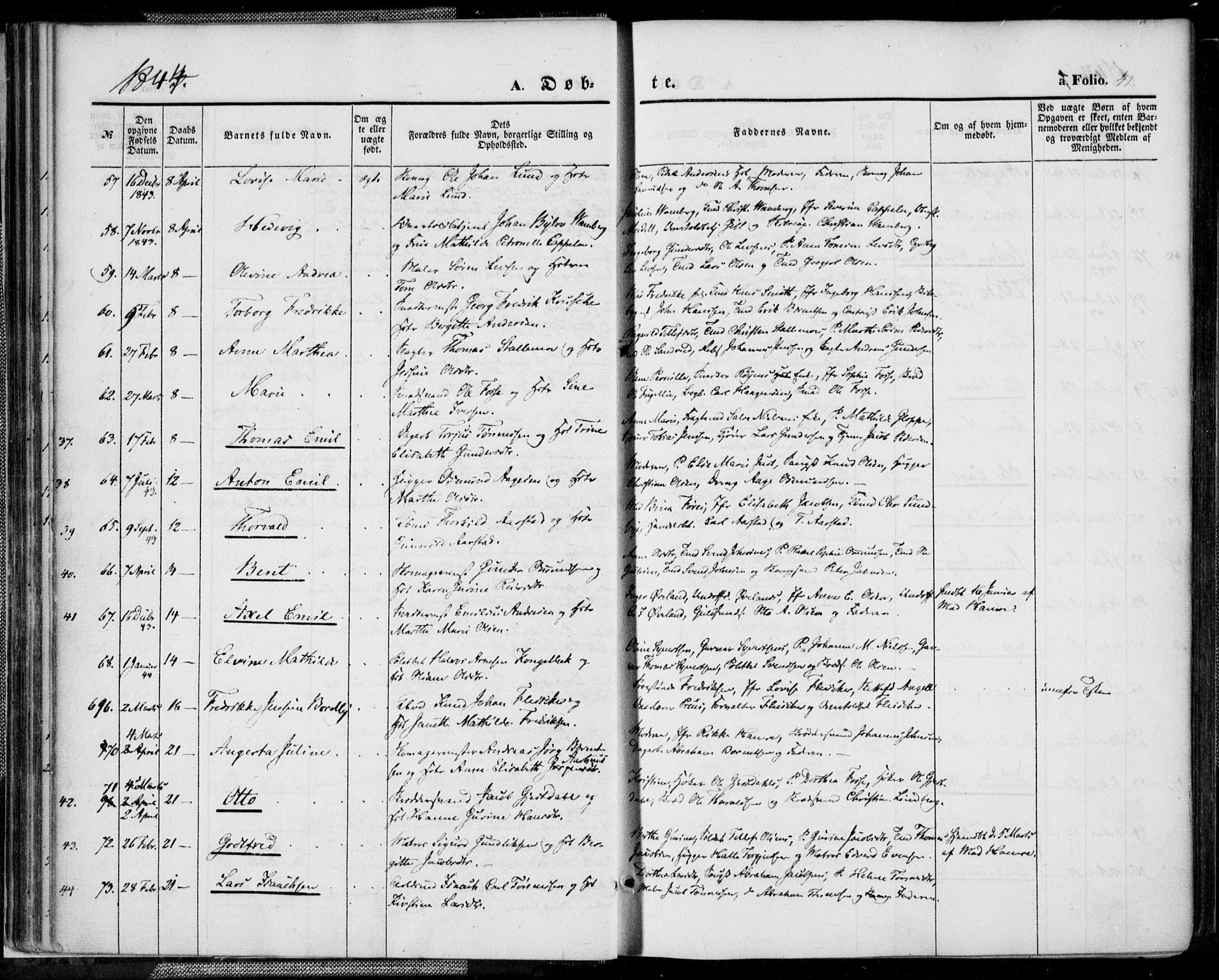 Kristiansand domprosti, SAK/1112-0006/F/Fa/L0013: Parish register (official) no. A 13, 1842-1851, p. 41