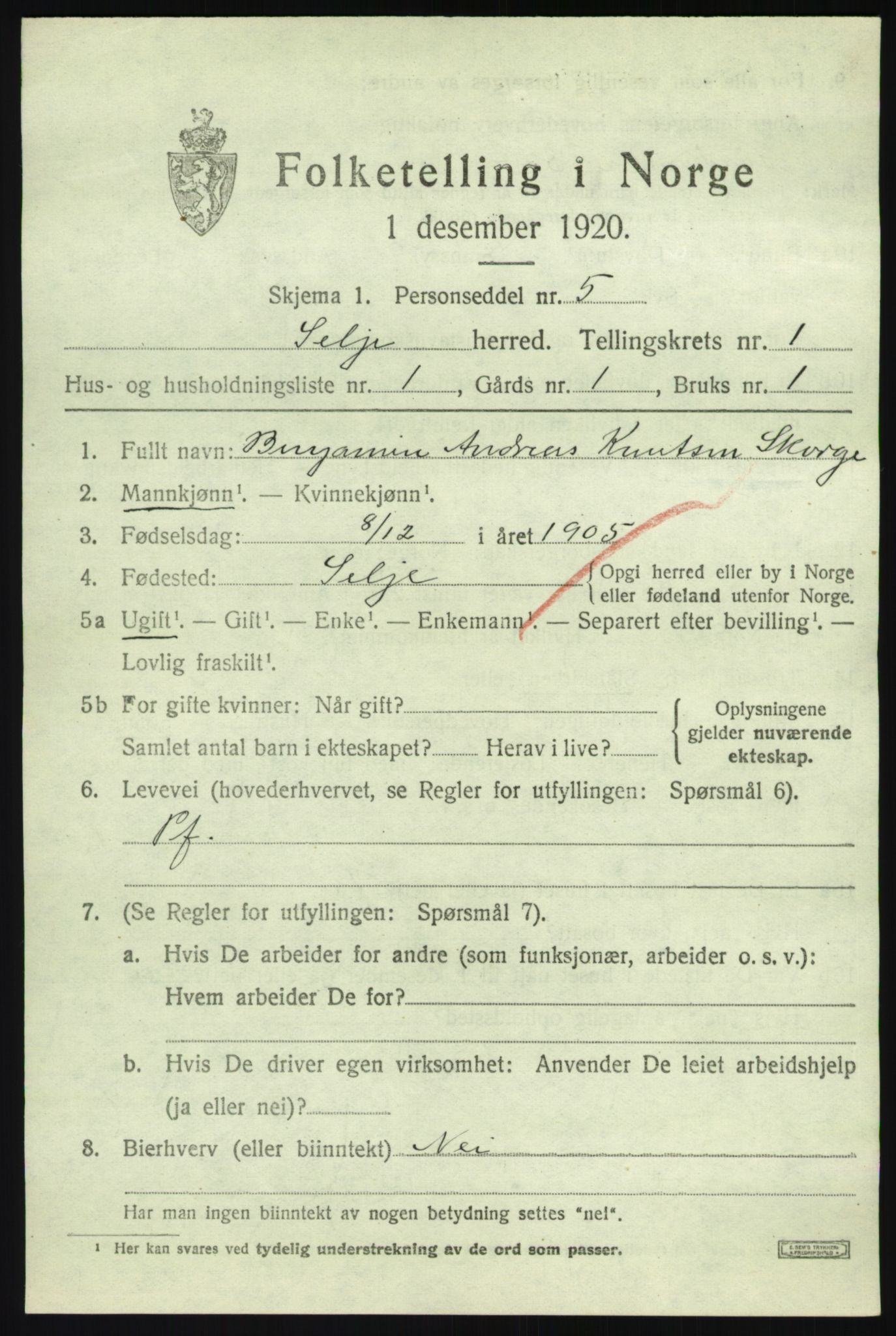 SAB, 1920 census for Selje, 1920, p. 1203