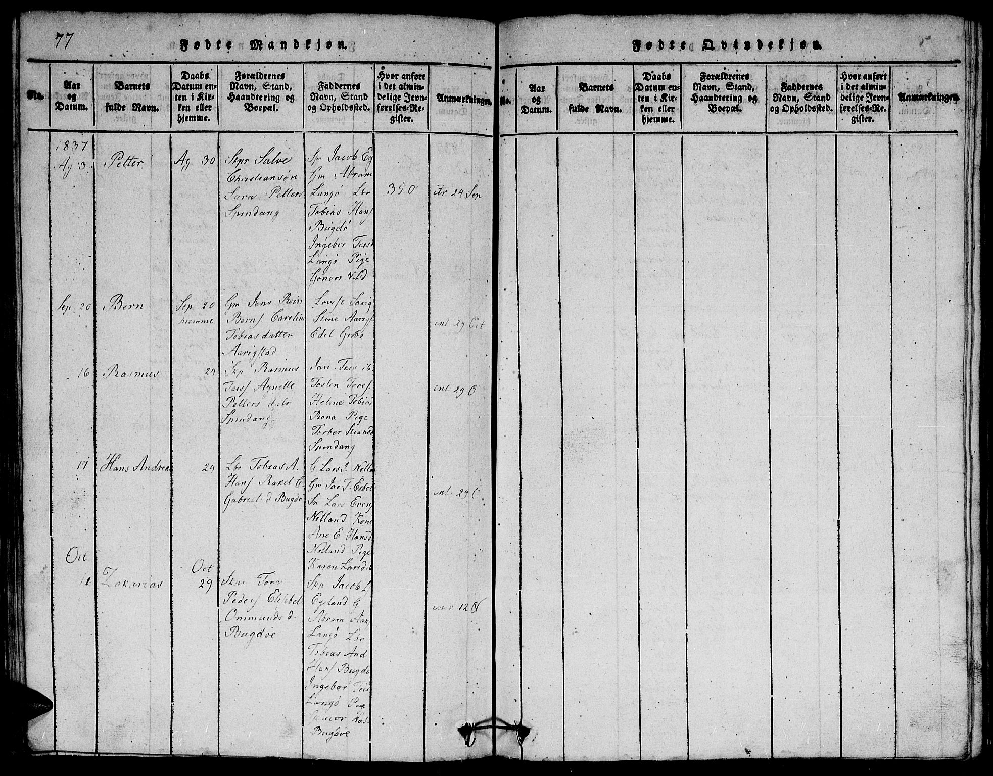 Herad sokneprestkontor, SAK/1111-0018/F/Fb/Fbb/L0001: Parish register (copy) no. B 1, 1815-1852, p. 77