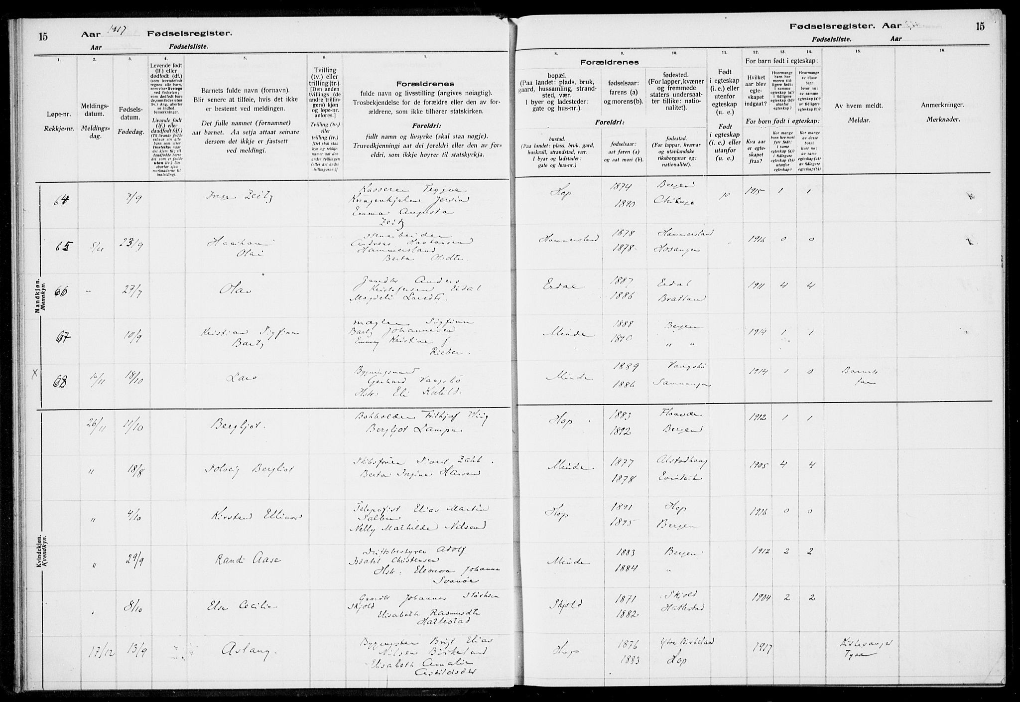 Birkeland Sokneprestembete, AV/SAB-A-74601/I/Id/L00A1: Birth register no. A 1, 1916-1926, p. 15