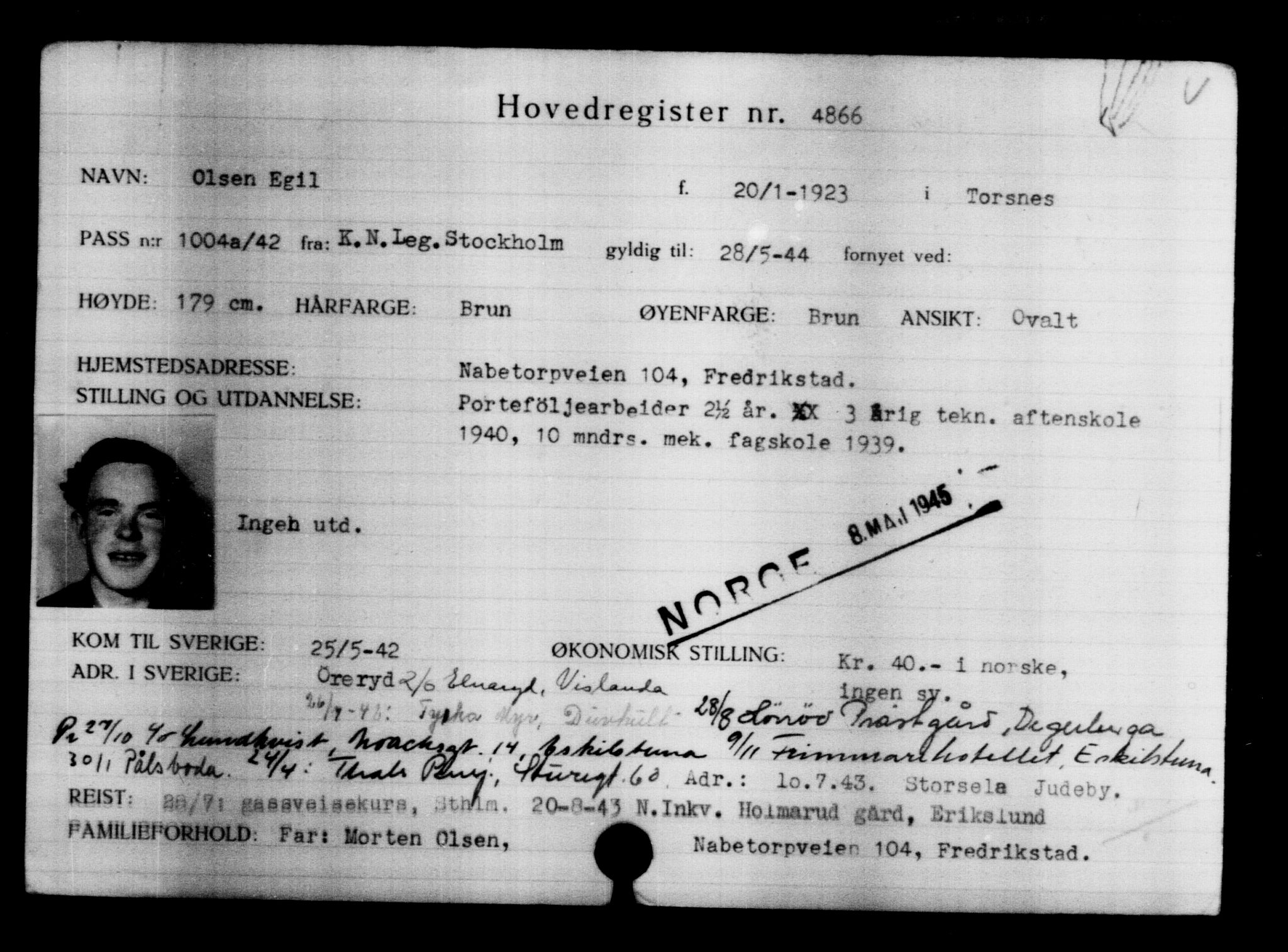 Utenriksstasjonene, Legasjonen i Stockholm, Flyktningkontoret, AV/RA-S-6753/V/Va/L0004: Kjesäterkartoteket, flyktninger med registreringsnr. 3496-6610, 1940-1945, p. 1627
