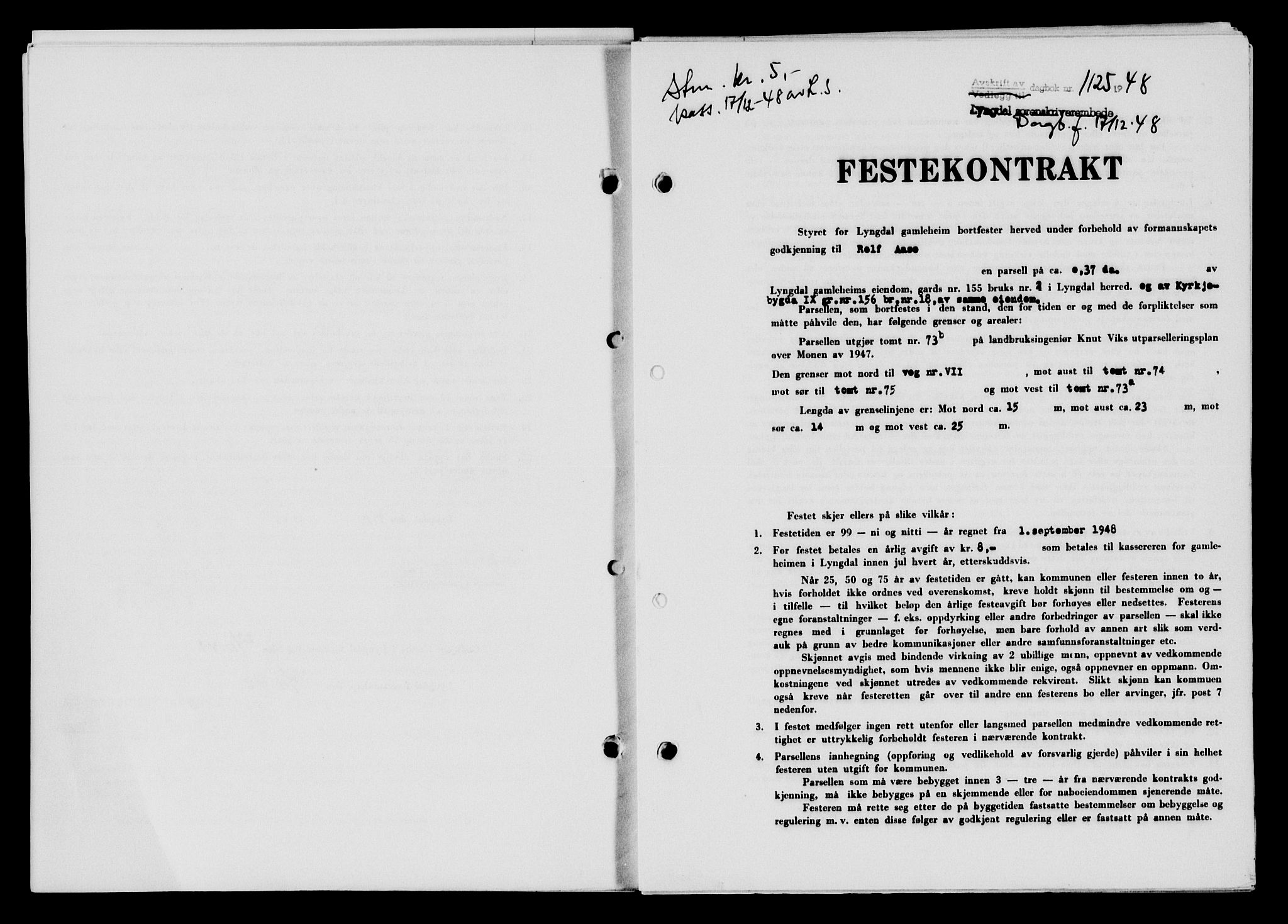 Lyngdal sorenskriveri, AV/SAK-1221-0004/G/Gb/L0663: Mortgage book no. A IX, 1948-1949, Diary no: : 1125/1948