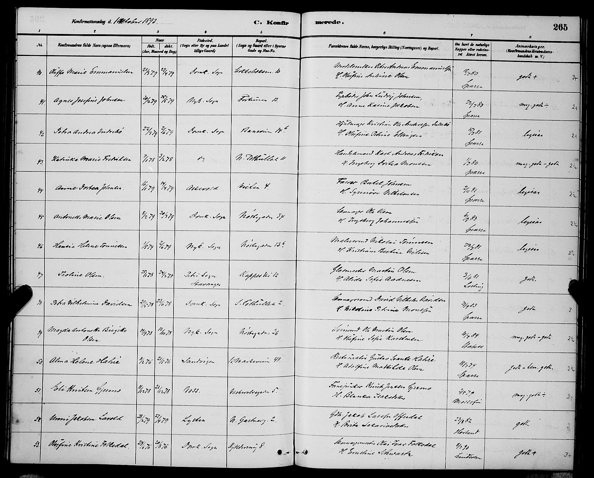 Domkirken sokneprestembete, SAB/A-74801/H/Hab/L0024: Parish register (copy) no. C 4, 1880-1899, p. 265