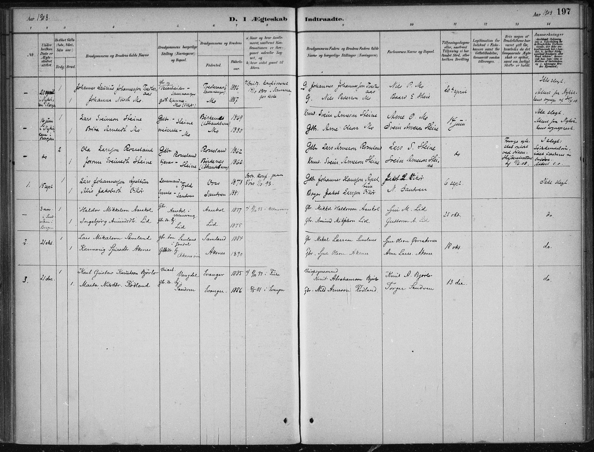 Kvam sokneprestembete, SAB/A-76201/H/Haa: Parish register (official) no. B  1, 1880-1908, p. 197