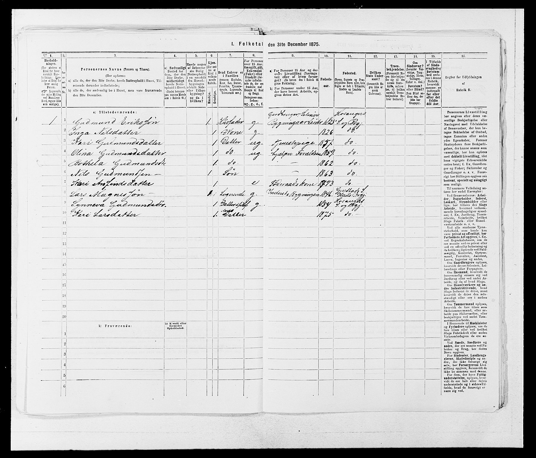 SAB, 1875 census for 1253P Hosanger, 1875, p. 264