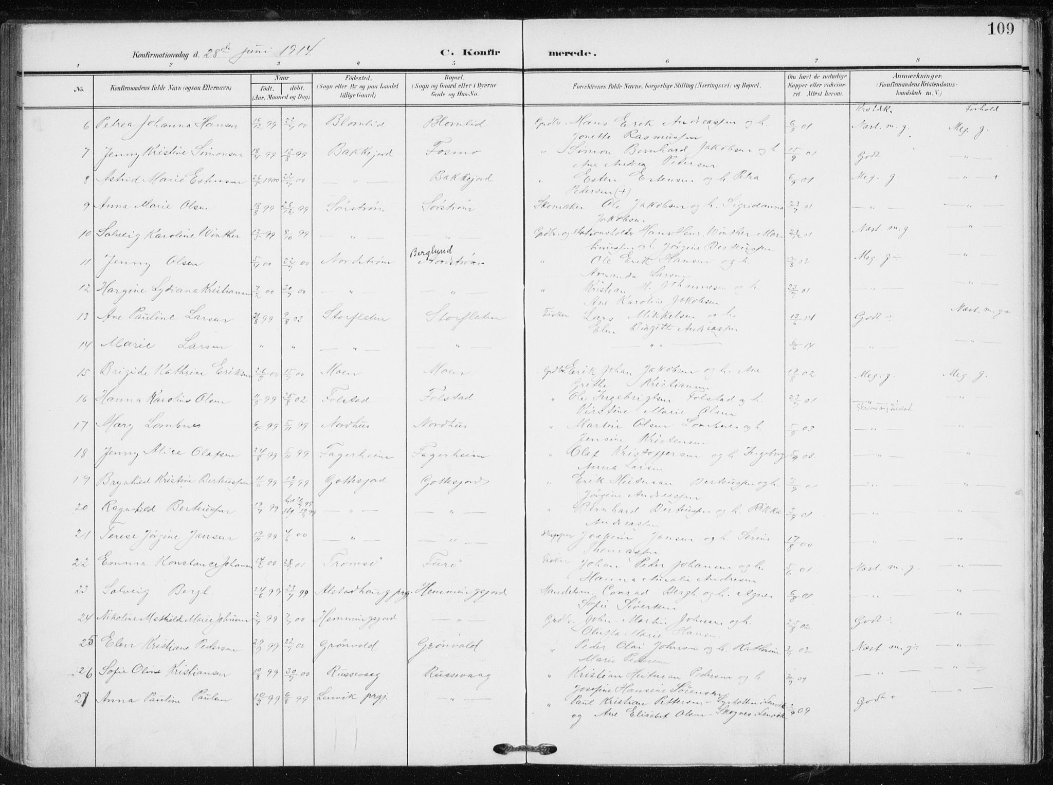 Tranøy sokneprestkontor, SATØ/S-1313/I/Ia/Iaa/L0012kirke: Parish register (official) no. 12, 1905-1918, p. 109