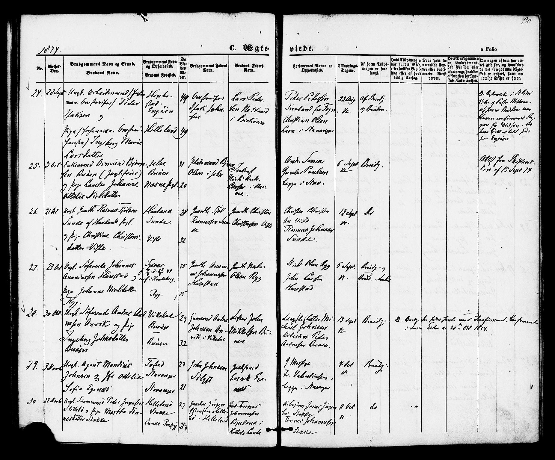 Hetland sokneprestkontor, AV/SAST-A-101826/30/30BA/L0005: Parish register (official) no. A 5, 1869-1884, p. 30