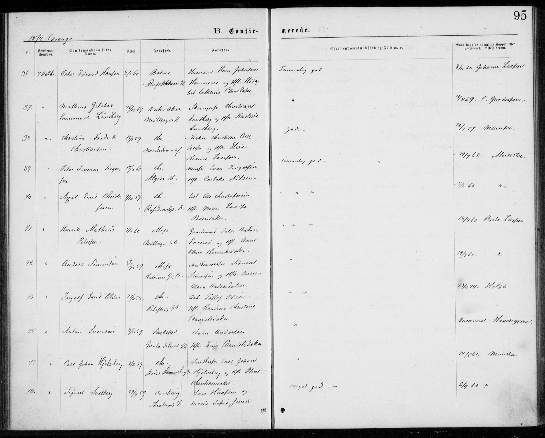 Trefoldighet prestekontor Kirkebøker, SAO/A-10882/F/Fb/L0002: Parish register (official) no. II 2, 1871-1880, p. 95