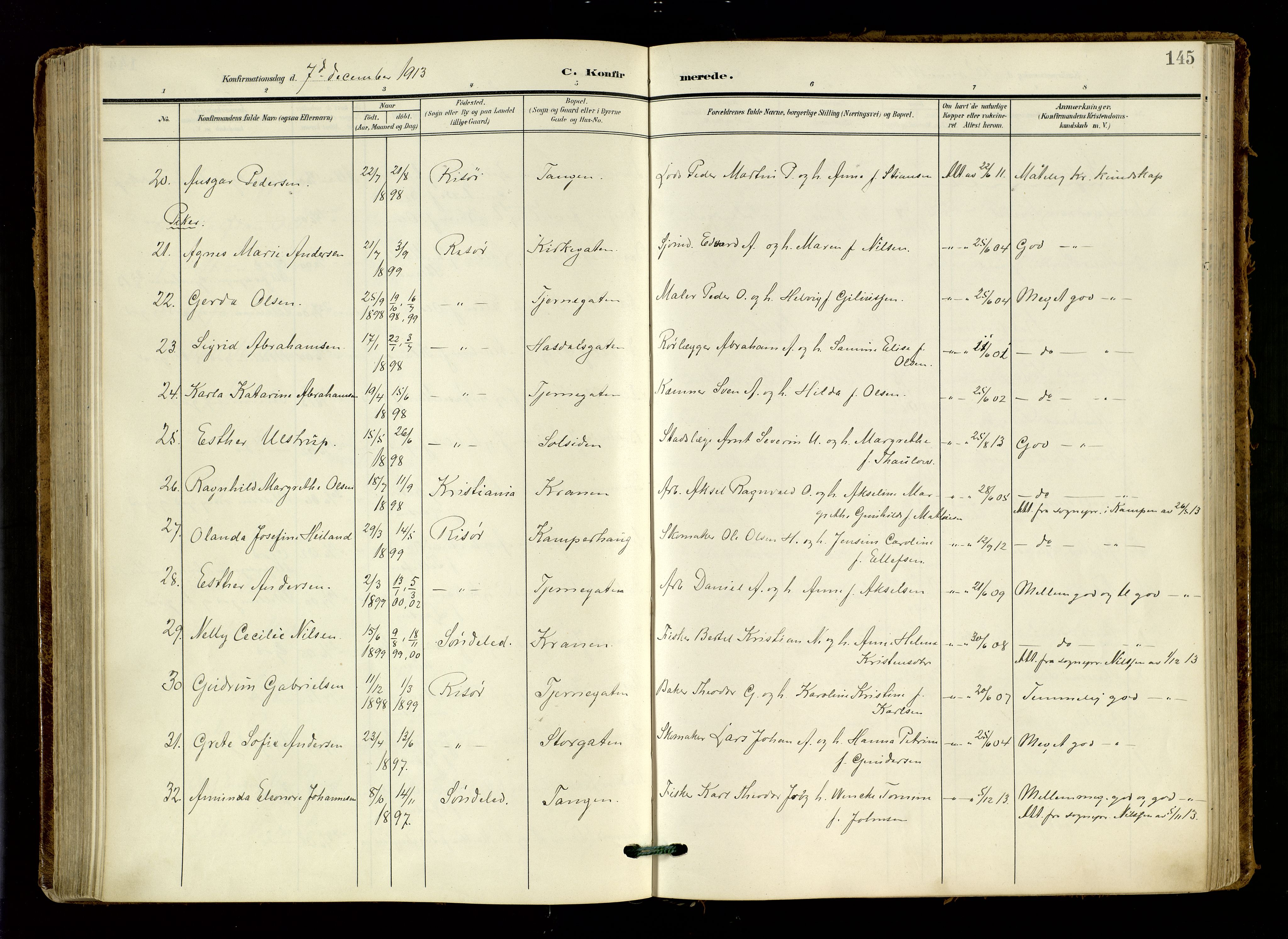 Risør sokneprestkontor, AV/SAK-1111-0035/F/Fa/L0011: Parish register (official) no. A 11, 1907-1920, p. 145