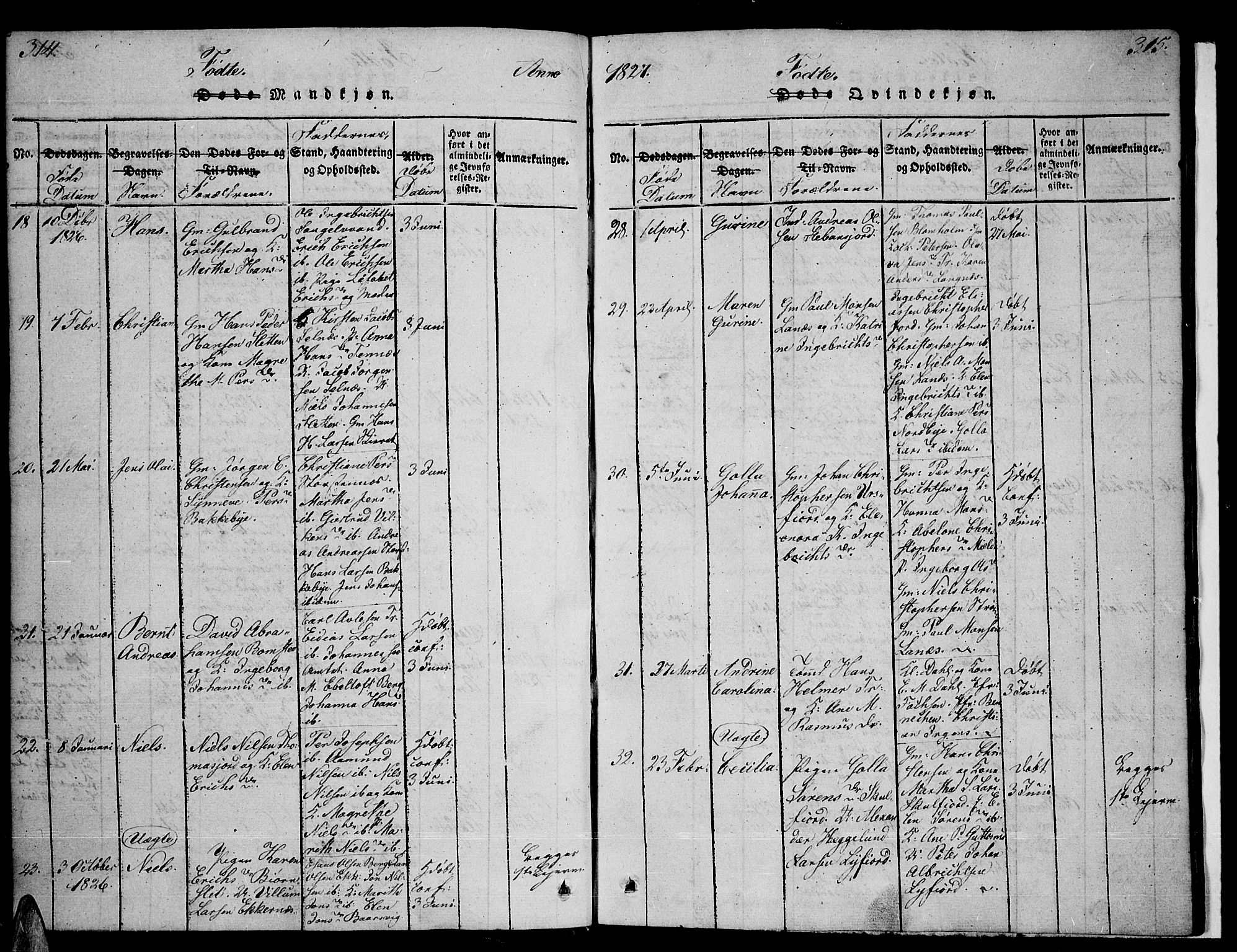 Tromsø sokneprestkontor/stiftsprosti/domprosti, SATØ/S-1343/G/Ga/L0007kirke: Parish register (official) no. 7, 1821-1828, p. 314-315