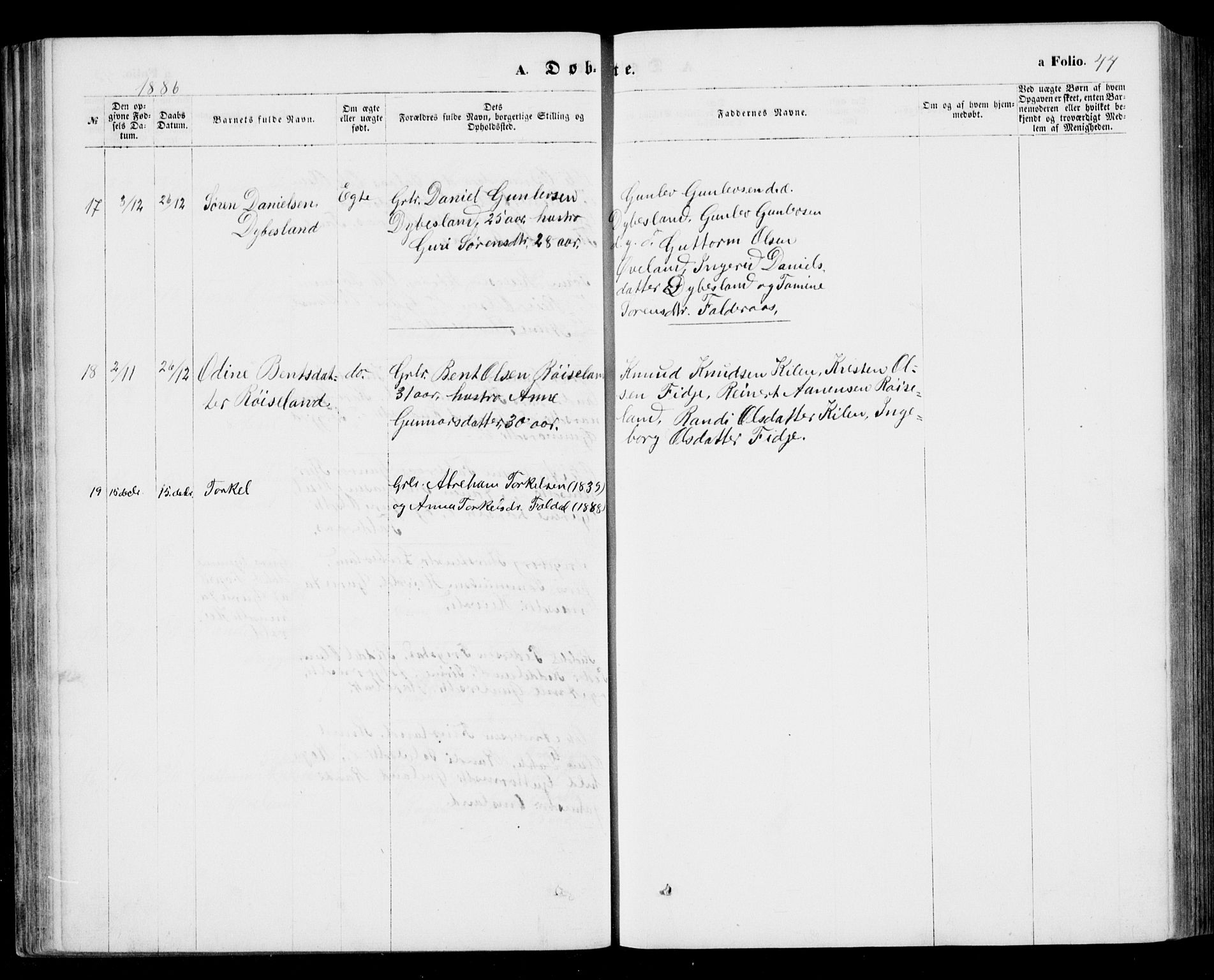 Bjelland sokneprestkontor, AV/SAK-1111-0005/F/Fb/Fbb/L0004: Parish register (copy) no. B 4, 1867-1887, p. 44