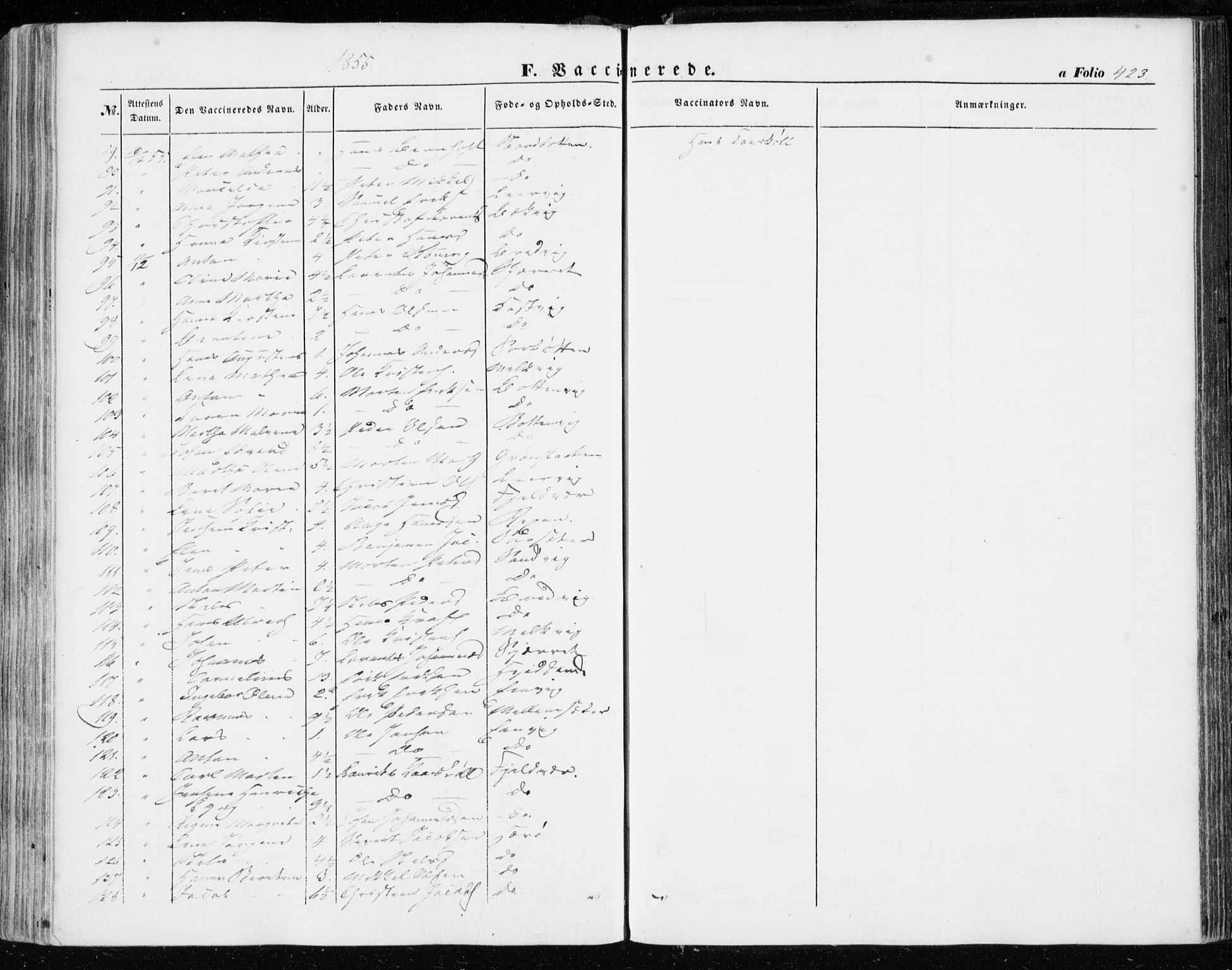 Ministerialprotokoller, klokkerbøker og fødselsregistre - Sør-Trøndelag, SAT/A-1456/634/L0530: Parish register (official) no. 634A06, 1852-1860, p. 423
