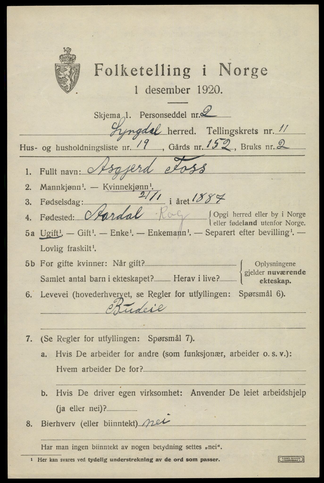 SAK, 1920 census for Lyngdal, 1920, p. 5485