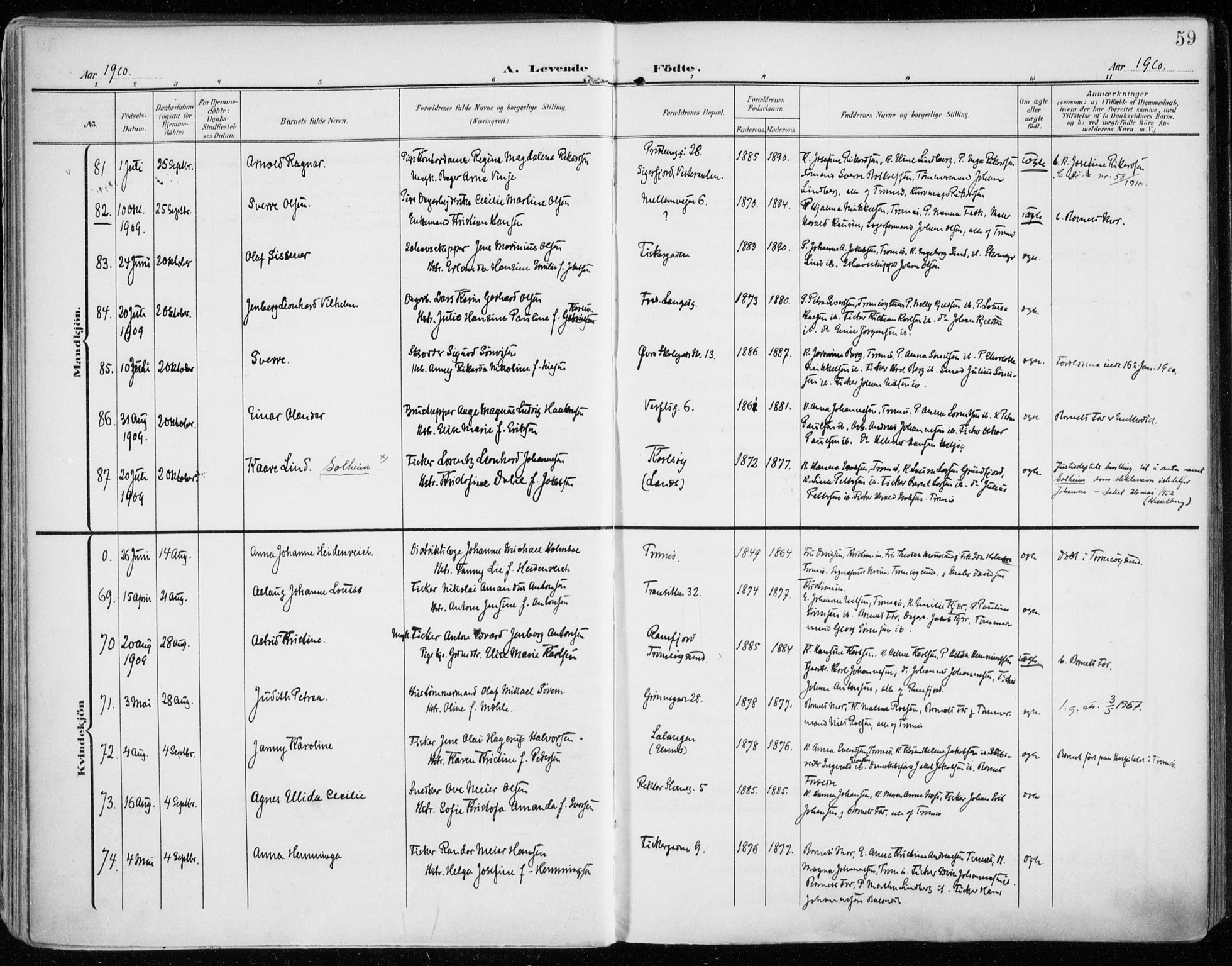 Tromsø sokneprestkontor/stiftsprosti/domprosti, SATØ/S-1343/G/Ga/L0017kirke: Parish register (official) no. 17, 1907-1917, p. 59