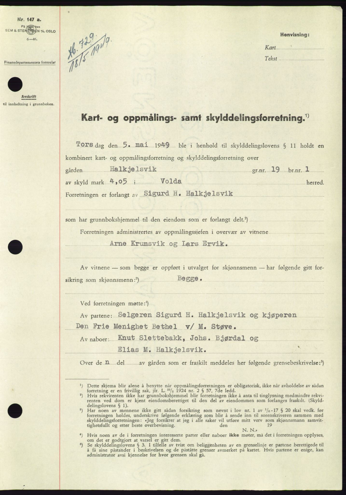 Søre Sunnmøre sorenskriveri, AV/SAT-A-4122/1/2/2C/L0084: Mortgage book no. 10A, 1949-1949, Diary no: : 729/1949