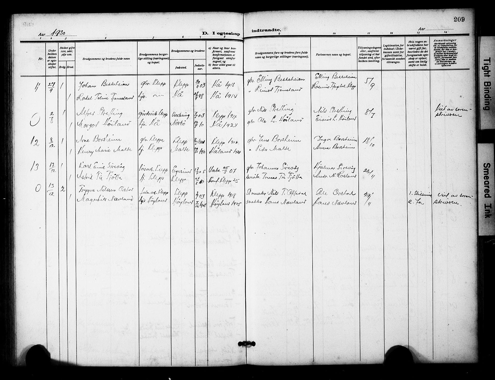 Klepp sokneprestkontor, AV/SAST-A-101803/001/3/30BB/L0007: Parish register (copy) no. B 7, 1908-1934, p. 209