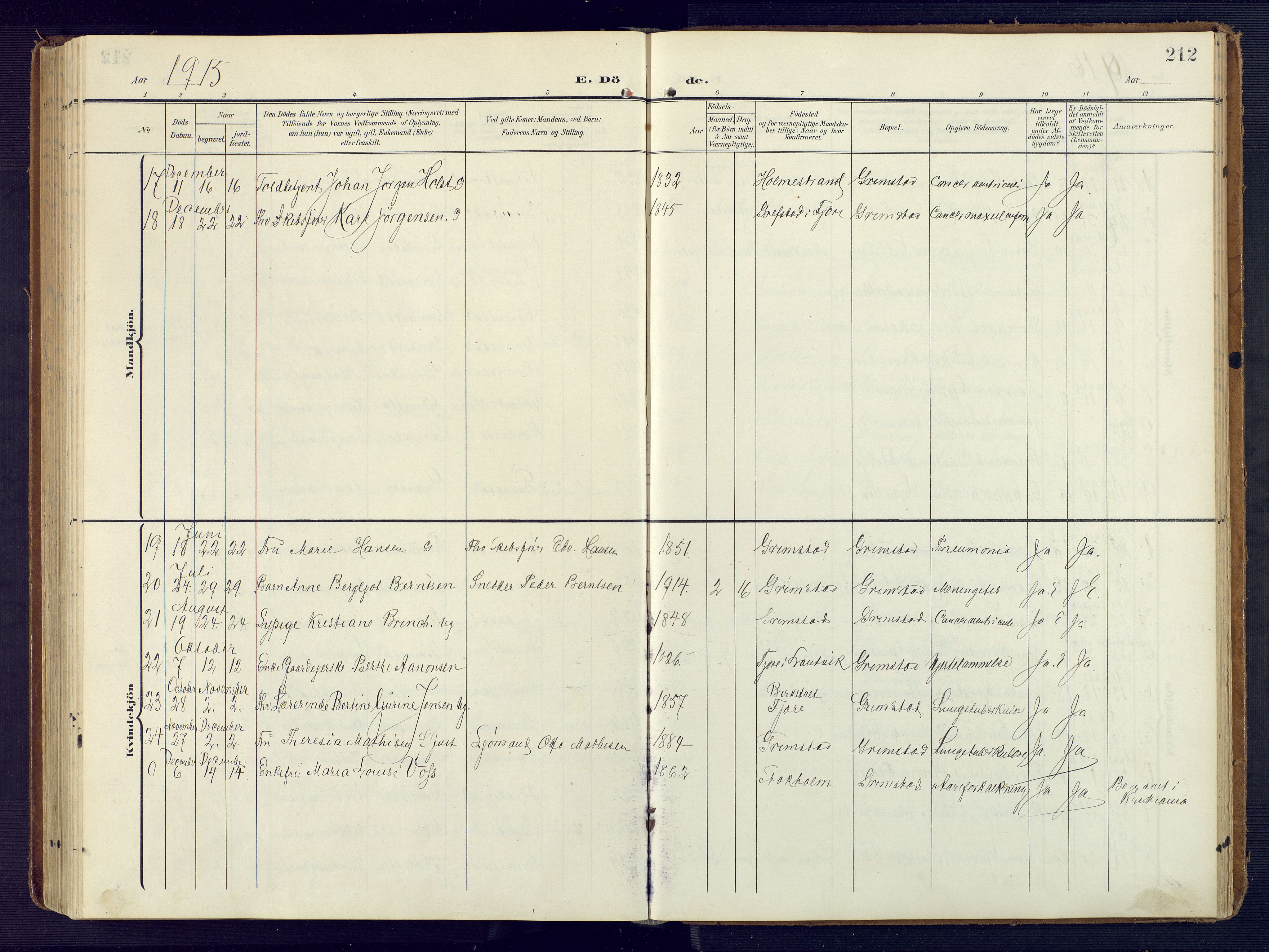 Grimstad sokneprestkontor, SAK/1111-0017/F/Fa/L0005: Parish register (official) no. A 4, 1911-1924, p. 212