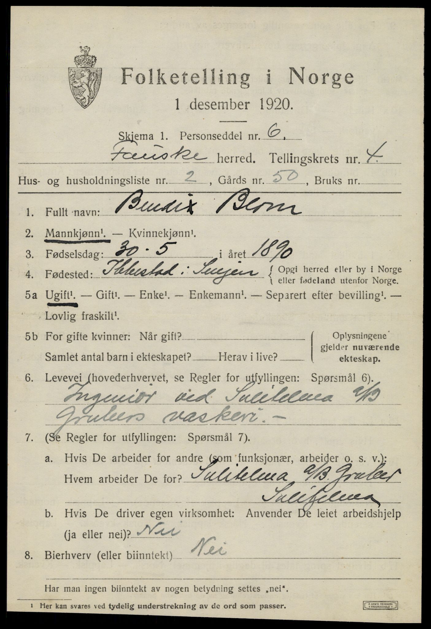 SAT, 1920 census for Fauske, 1920, p. 4174