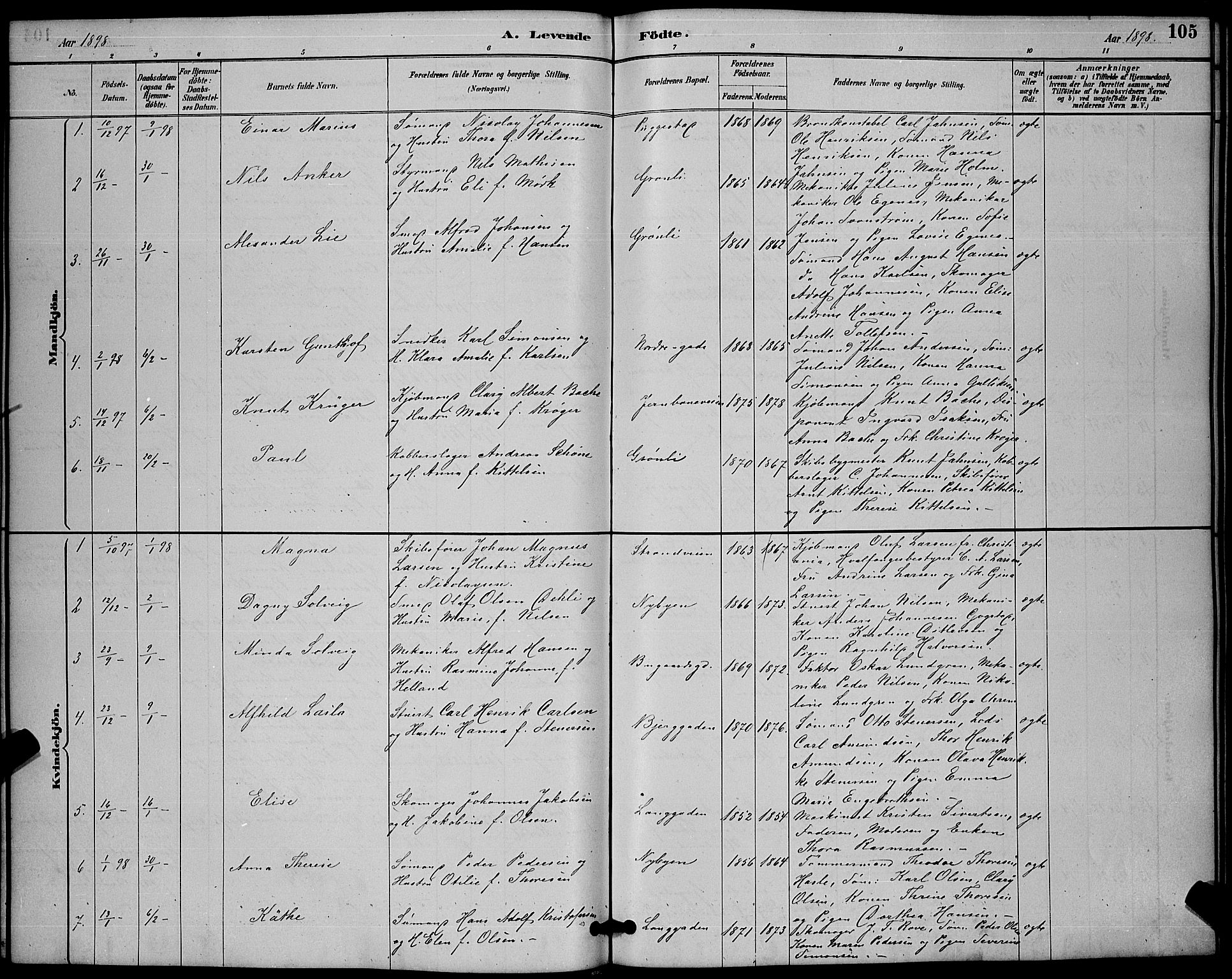 Sandefjord kirkebøker, SAKO/A-315/G/Ga/L0001: Parish register (copy) no. 1, 1885-1903, p. 105
