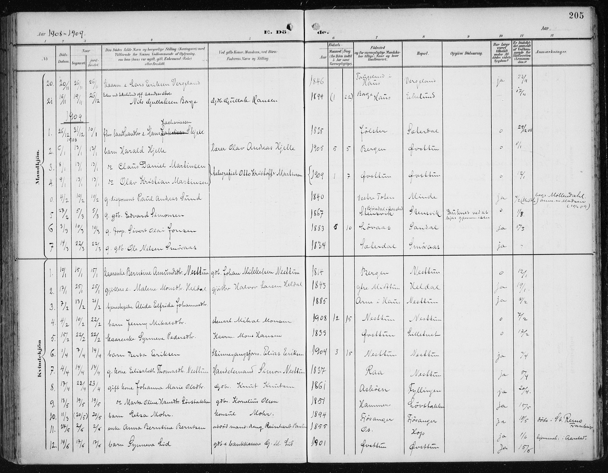 Fana Sokneprestembete, SAB/A-75101/H/Haa/Haai/L0003: Parish register (official) no. I 3, 1900-1912, p. 205