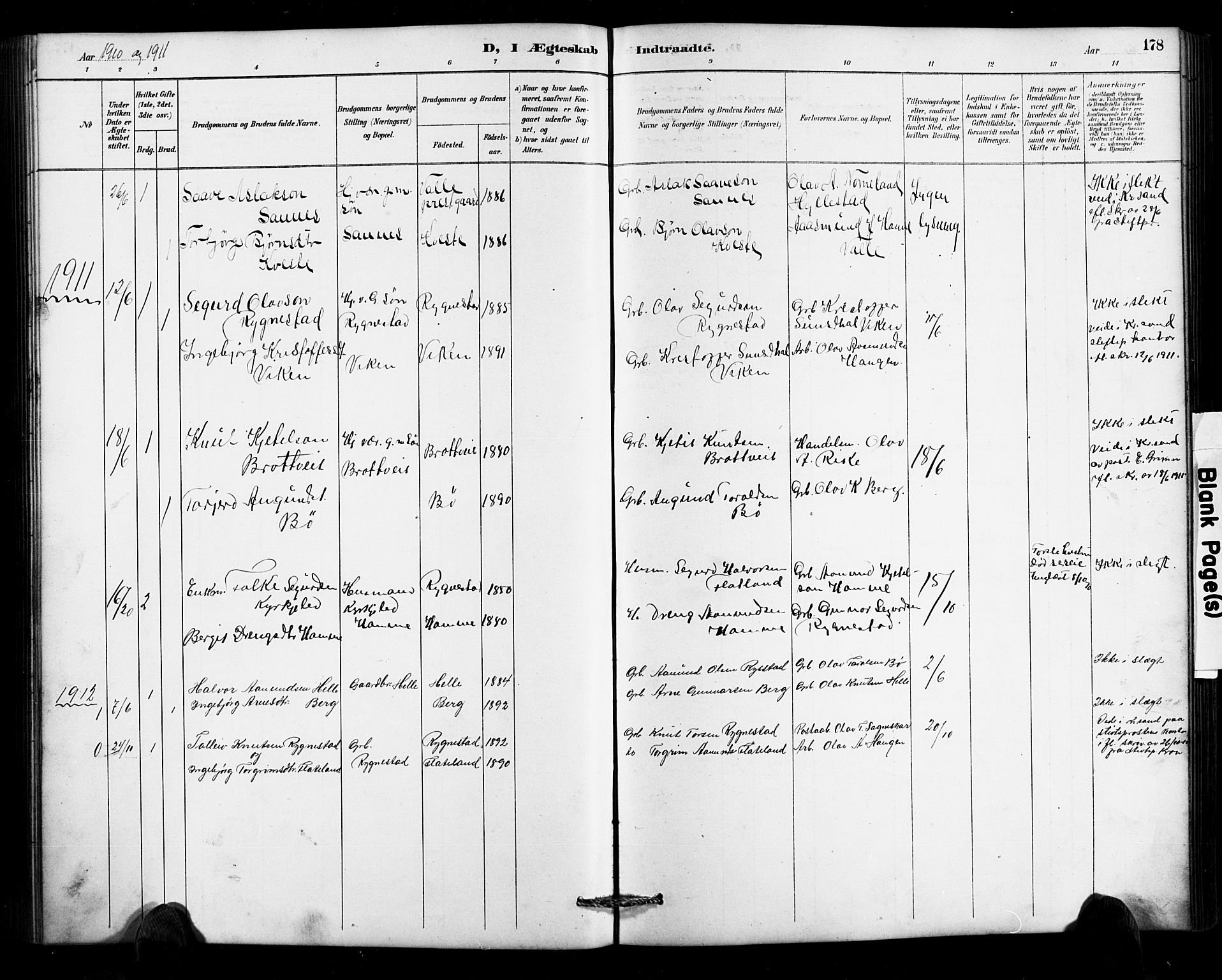 Valle sokneprestkontor, SAK/1111-0044/F/Fb/Fbc/L0004: Parish register (copy) no. B 4, 1890-1928, p. 178