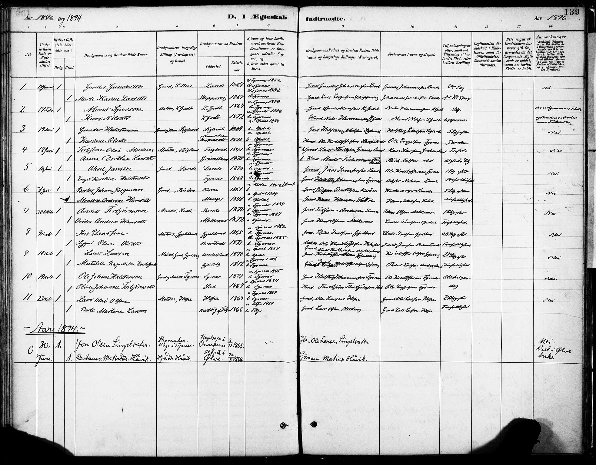 Tysnes sokneprestembete, SAB/A-78601/H/Haa: Parish register (official) no. B 1, 1887-1906, p. 139