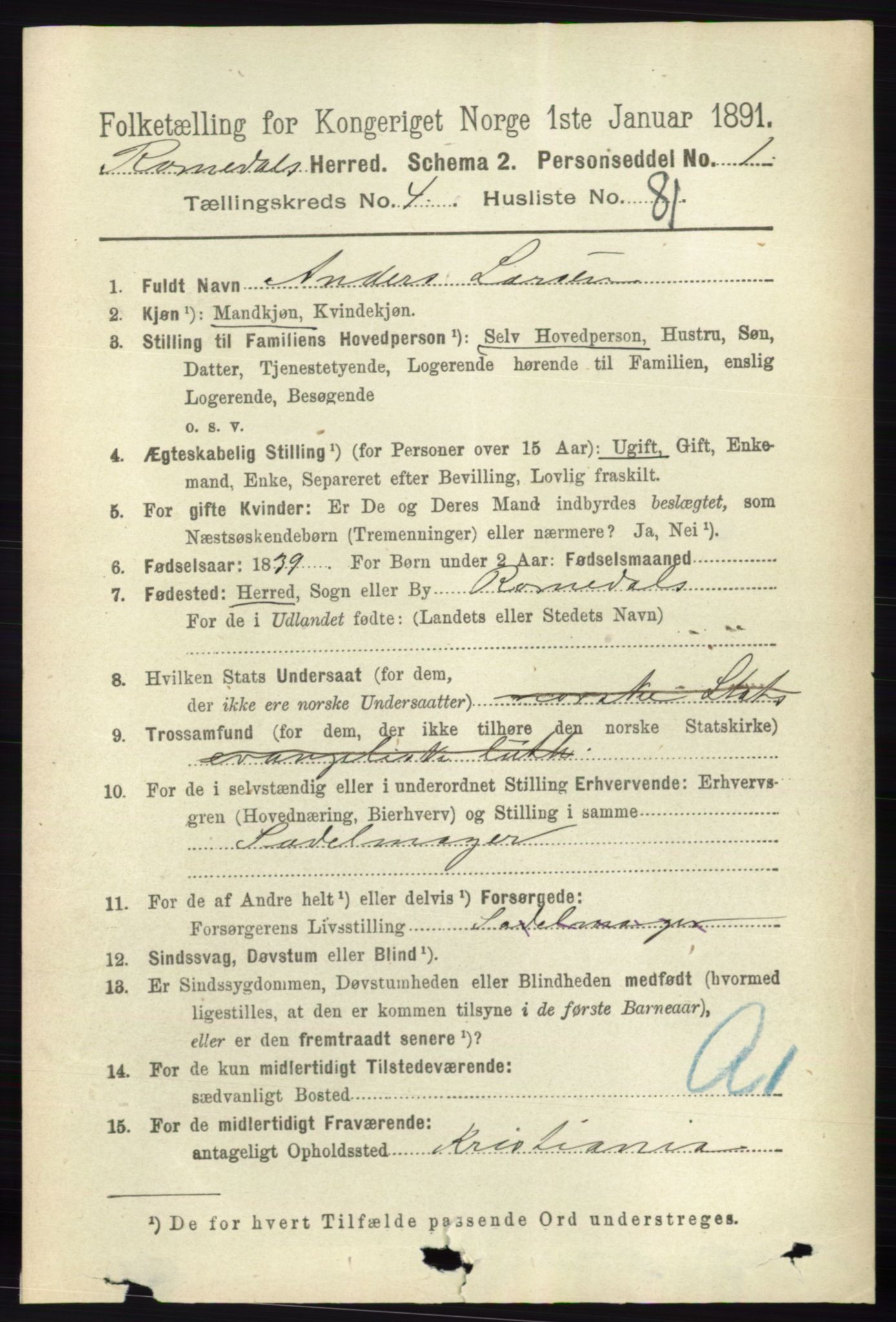 RA, 1891 census for 0416 Romedal, 1891, p. 2386