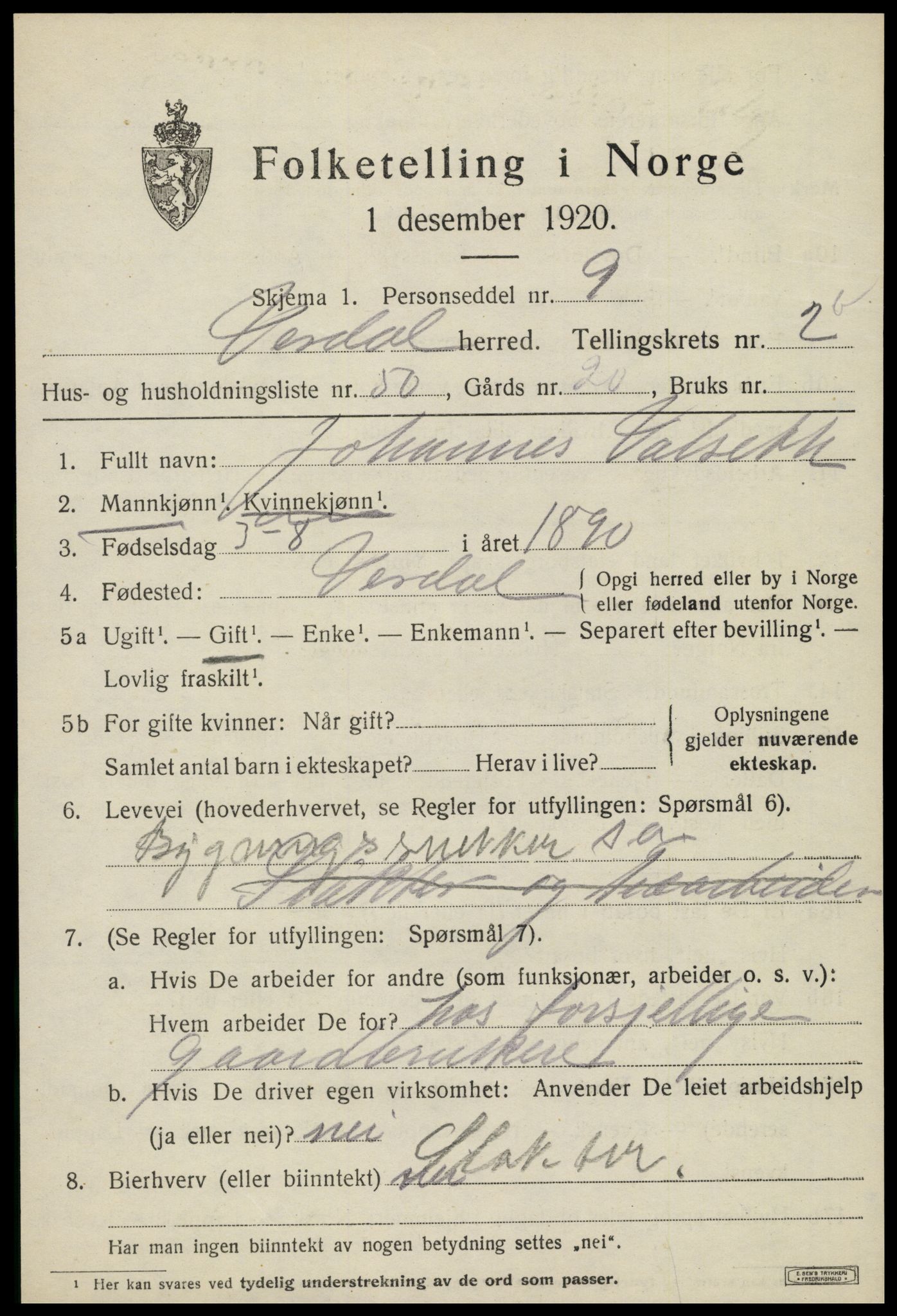 SAT, 1920 census for Verdal, 1920, p. 4707