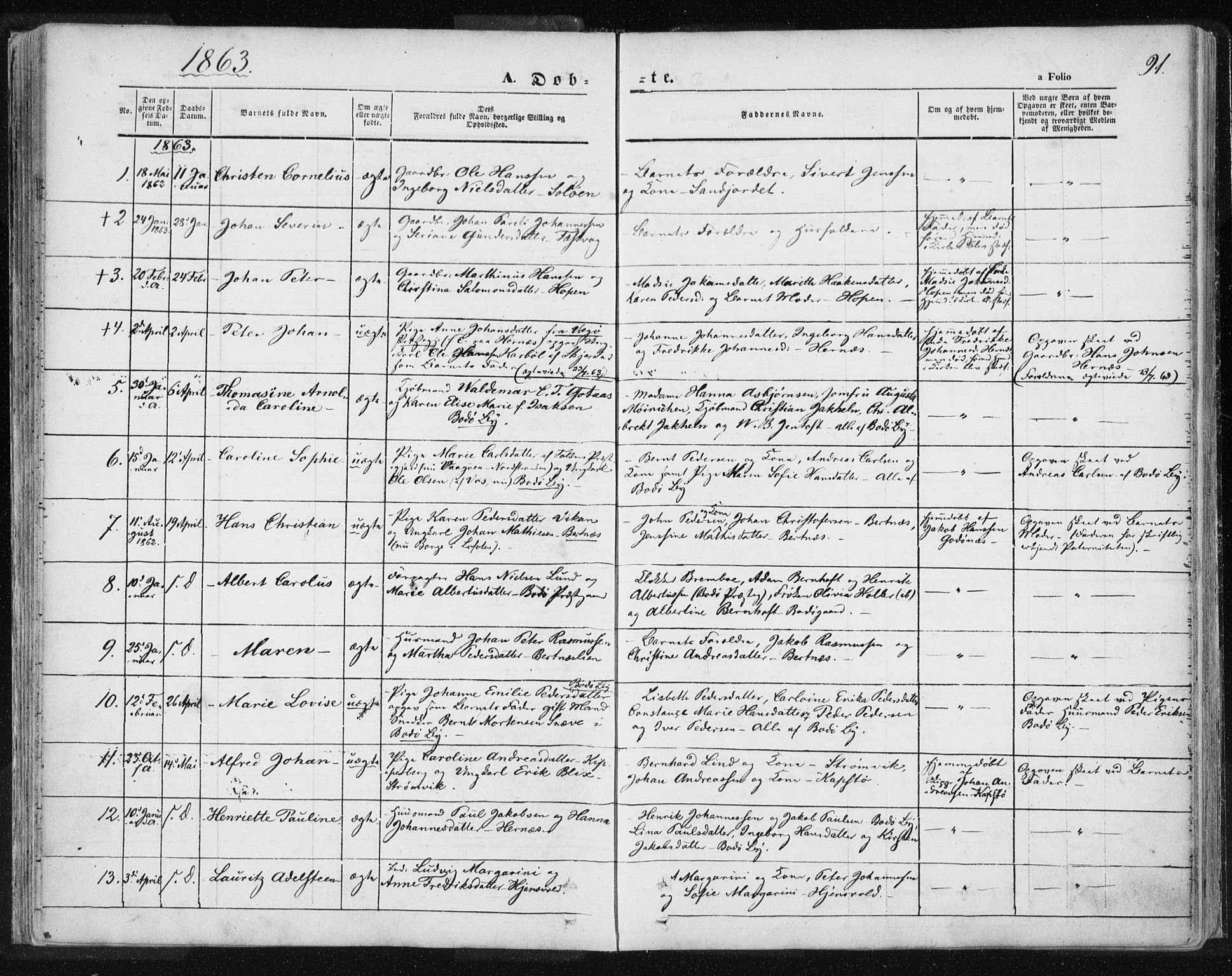 Ministerialprotokoller, klokkerbøker og fødselsregistre - Nordland, AV/SAT-A-1459/801/L0007: Parish register (official) no. 801A07, 1845-1863, p. 91