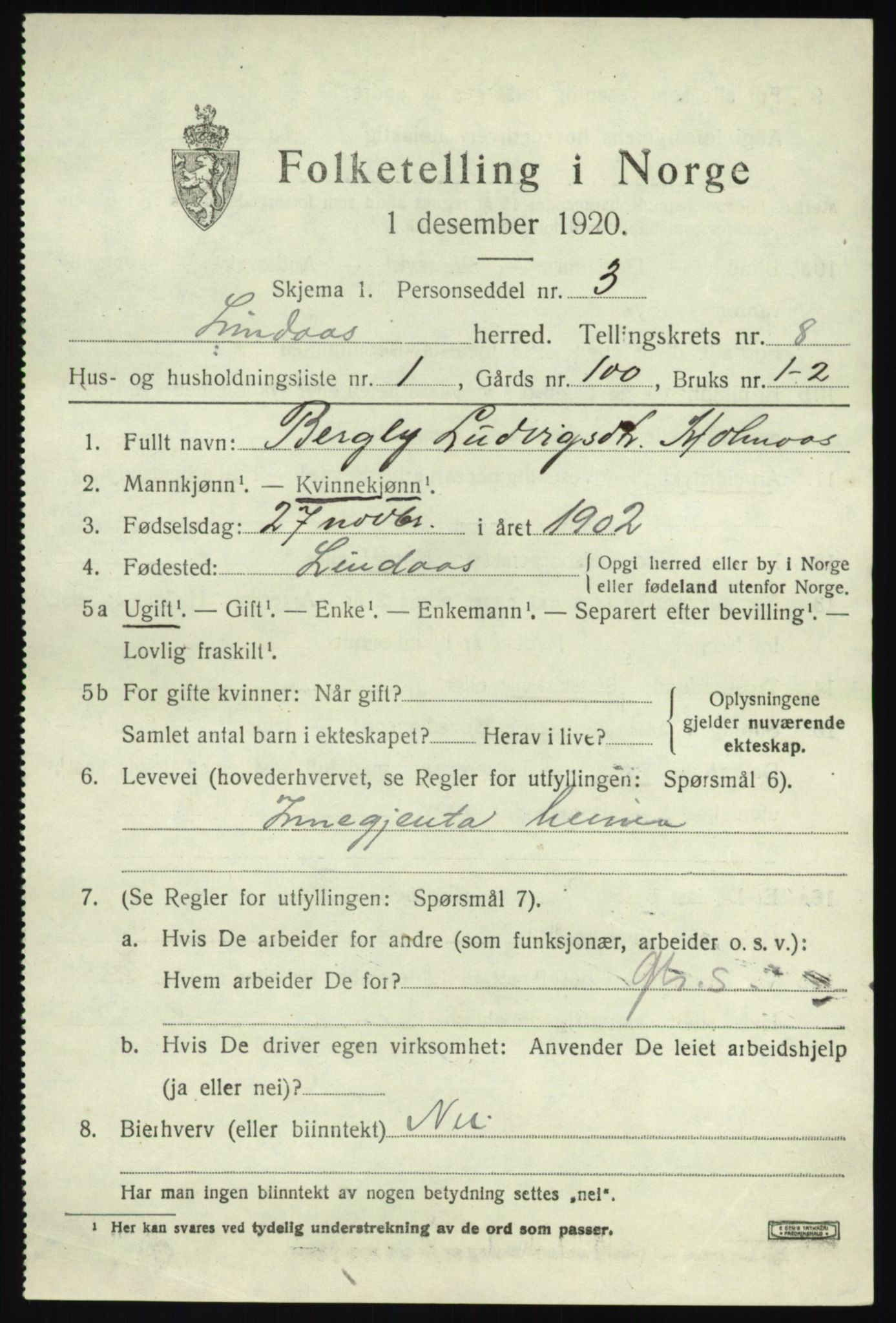 SAB, 1920 census for Lindås, 1920, p. 4237