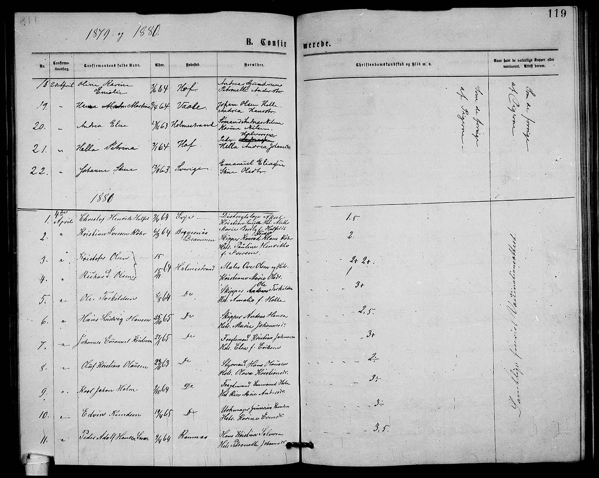 Holmestrand kirkebøker, AV/SAKO-A-346/G/Ga/L0004: Parish register (copy) no. 4, 1874-1888, p. 119