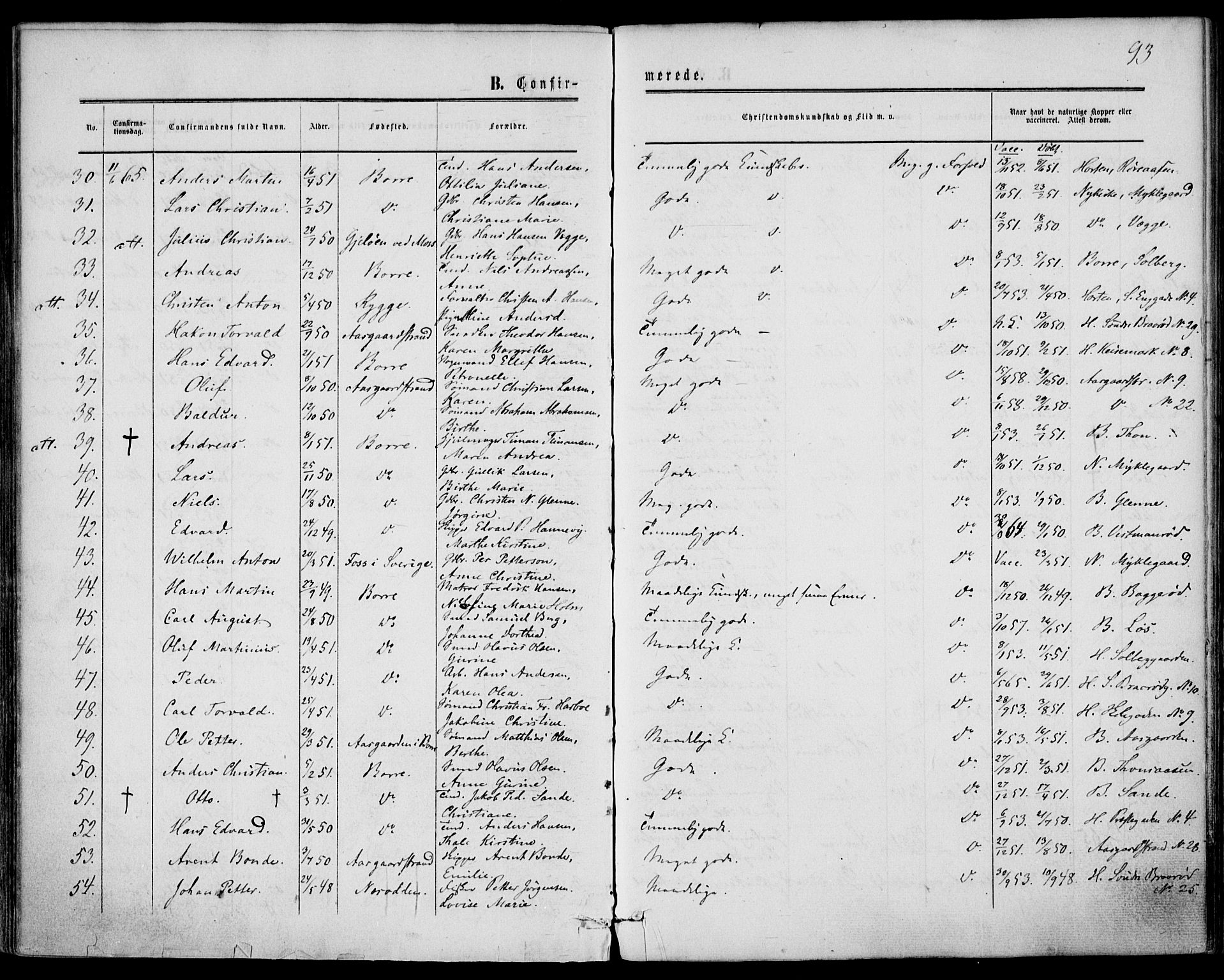 Borre kirkebøker, SAKO/A-338/F/Fa/L0007: Parish register (official) no. I 7, 1862-1867, p. 93