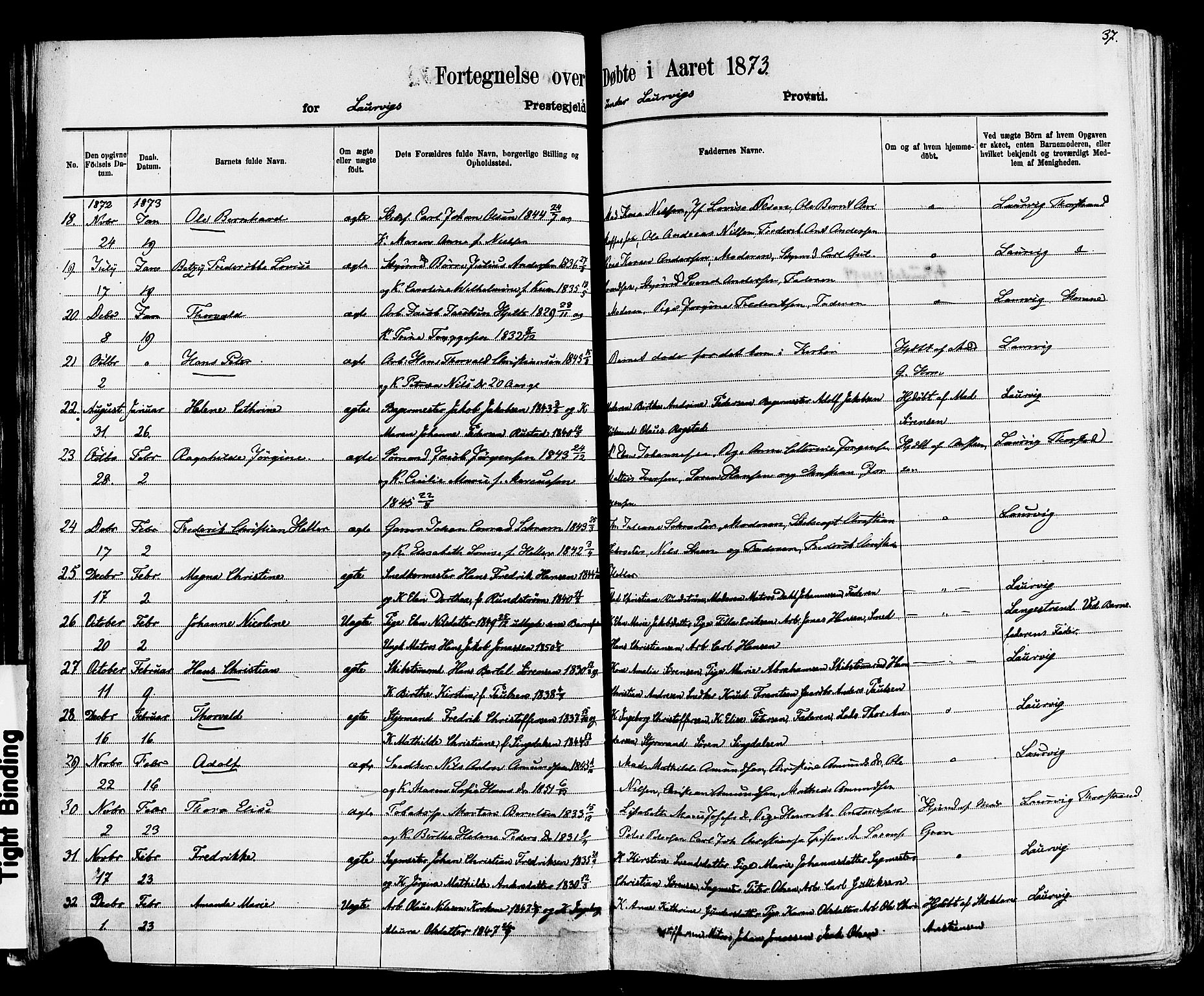 Larvik kirkebøker, AV/SAKO-A-352/F/Fa/L0006: Parish register (official) no. I 6, 1871-1883, p. 37