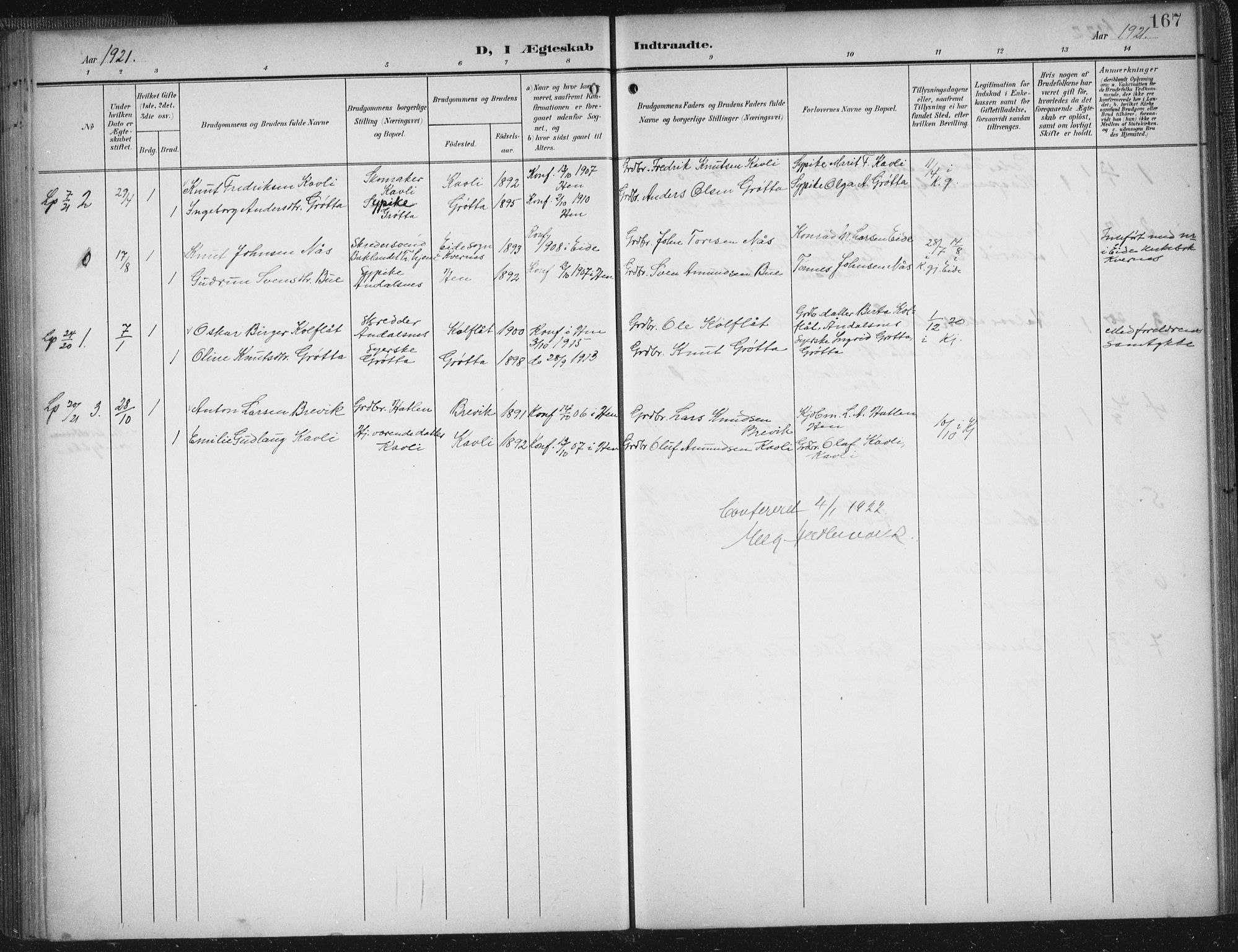 Ministerialprotokoller, klokkerbøker og fødselsregistre - Møre og Romsdal, AV/SAT-A-1454/545/L0589: Parish register (copy) no. 545C03, 1902-1937, p. 167