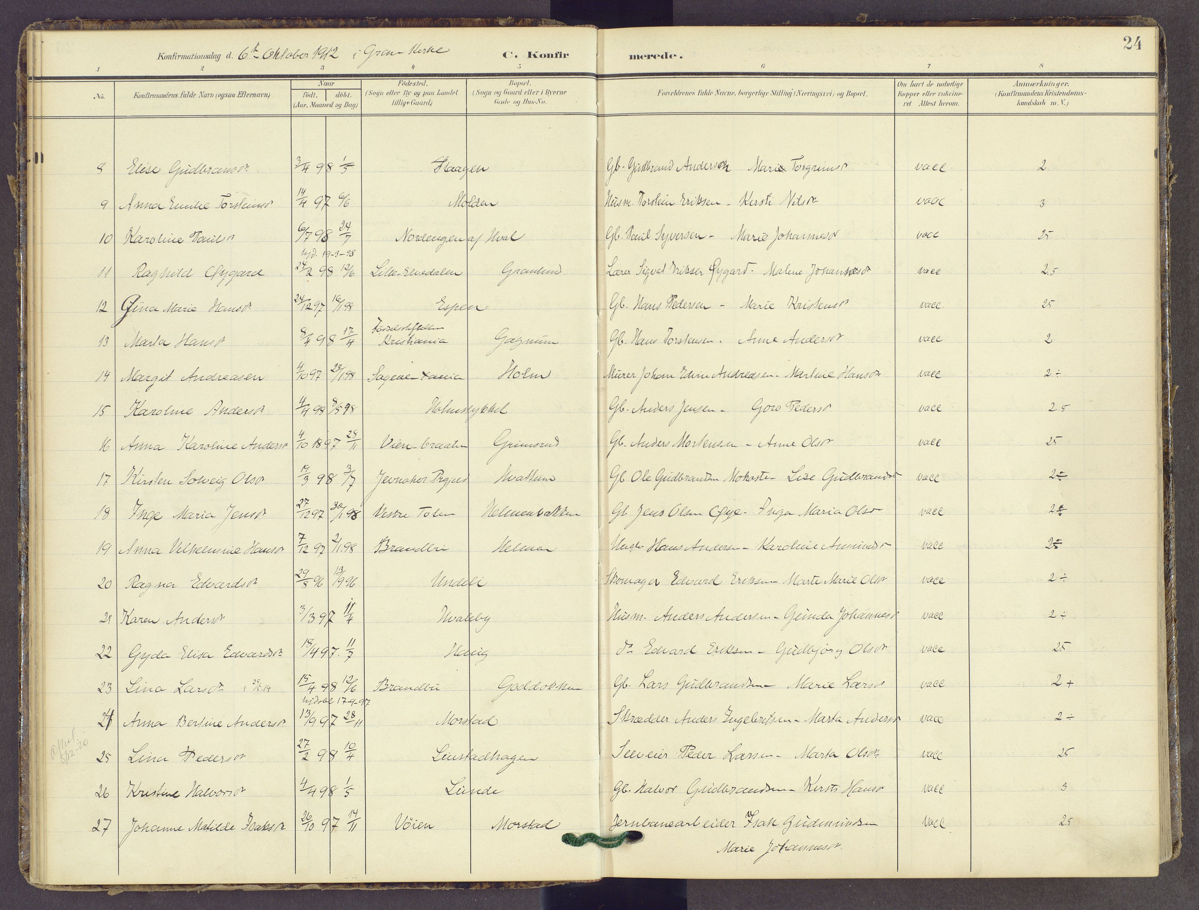 Gran prestekontor, AV/SAH-PREST-112/H/Ha/Haa/L0022: Parish register (official) no. 22, 1908-1918, p. 24