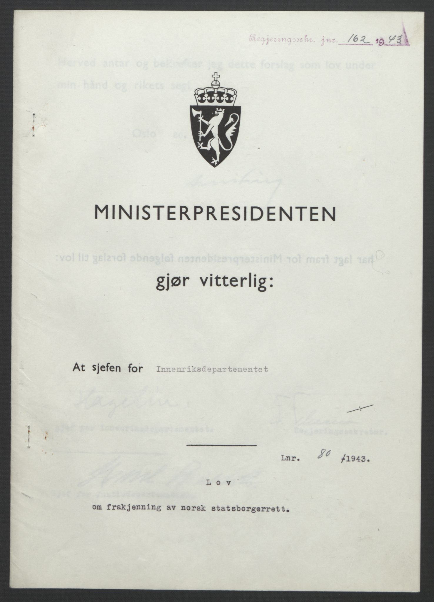 NS-administrasjonen 1940-1945 (Statsrådsekretariatet, de kommisariske statsråder mm), RA/S-4279/D/Db/L0099: Lover, 1943, p. 365