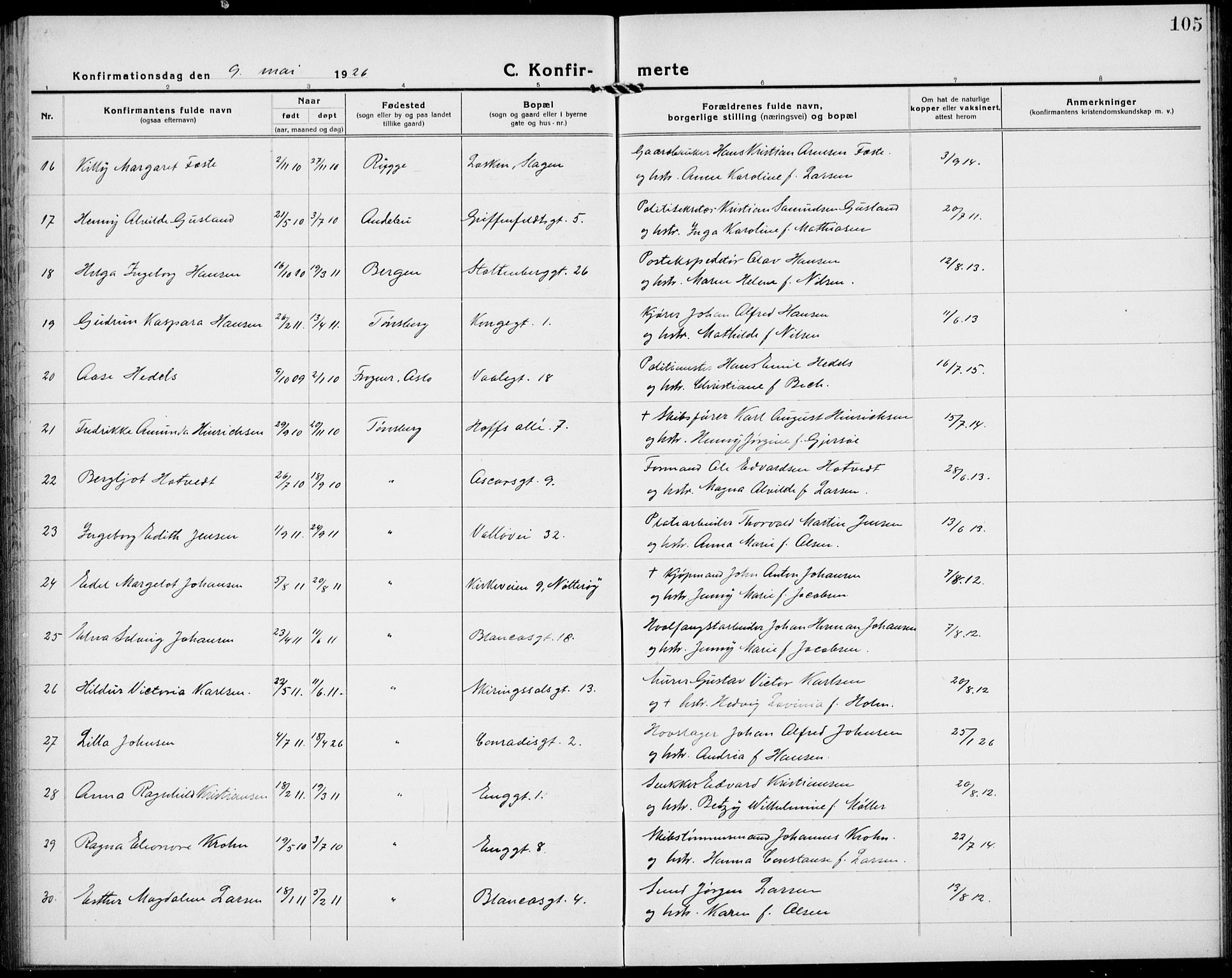 Tønsberg kirkebøker, AV/SAKO-A-330/G/Ga/L0013: Parish register (copy) no. 13, 1920-1929, p. 105