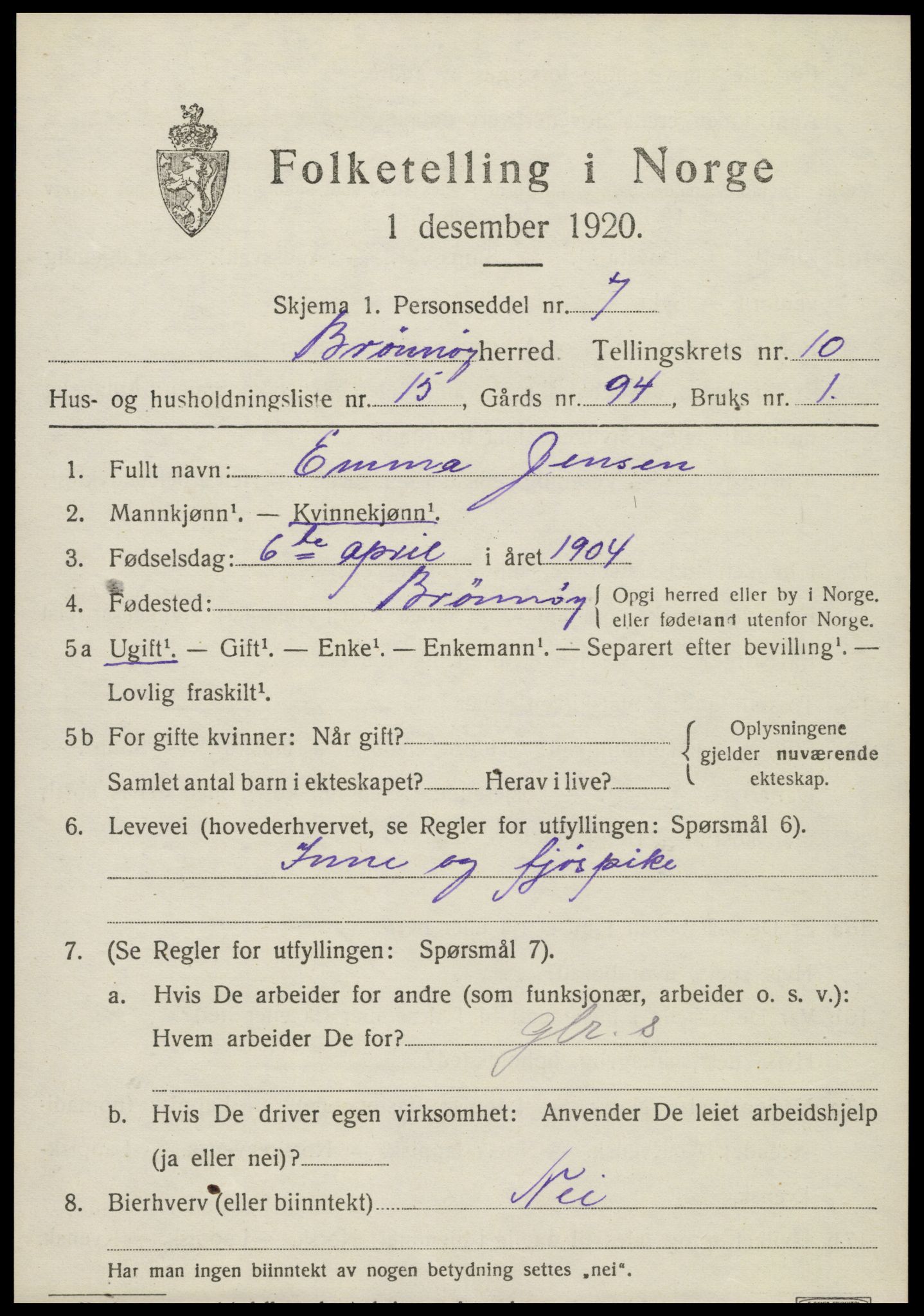 SAT, 1920 census for Brønnøy, 1920, p. 7768