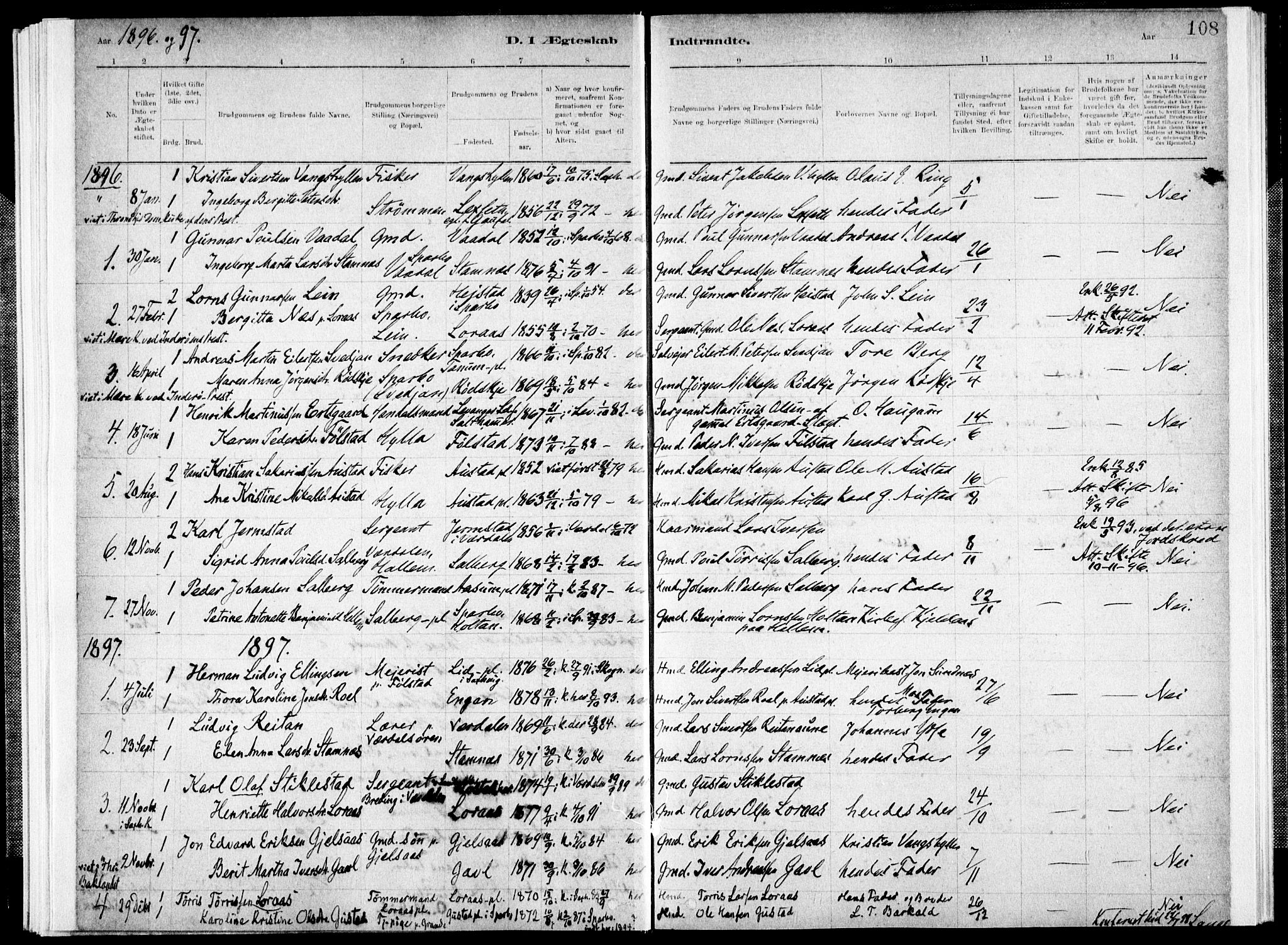 Ministerialprotokoller, klokkerbøker og fødselsregistre - Nord-Trøndelag, SAT/A-1458/731/L0309: Parish register (official) no. 731A01, 1879-1918, p. 108