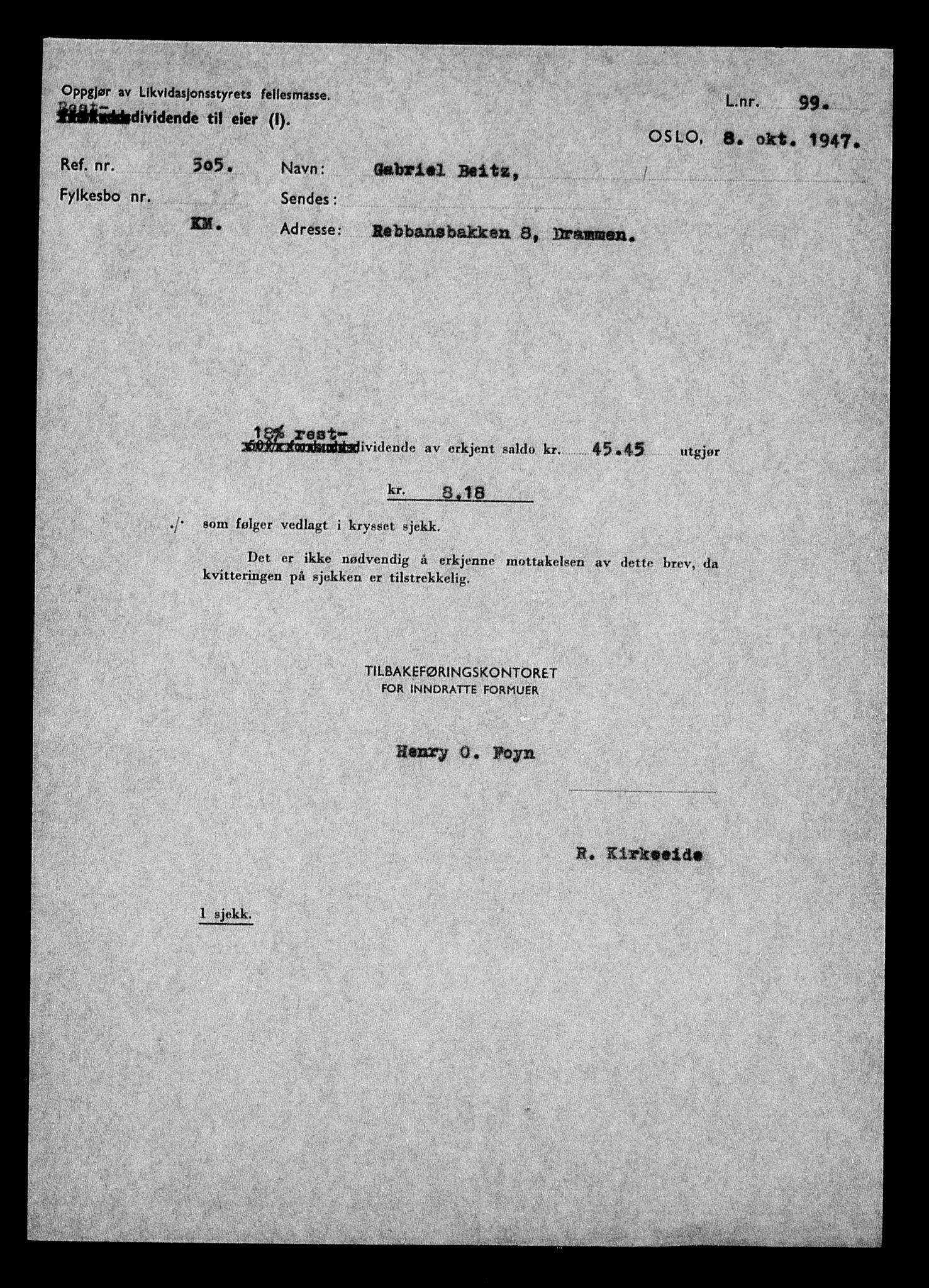 Justisdepartementet, Tilbakeføringskontoret for inndratte formuer, AV/RA-S-1564/H/Hc/Hcd/L0989: --, 1945-1947, p. 281