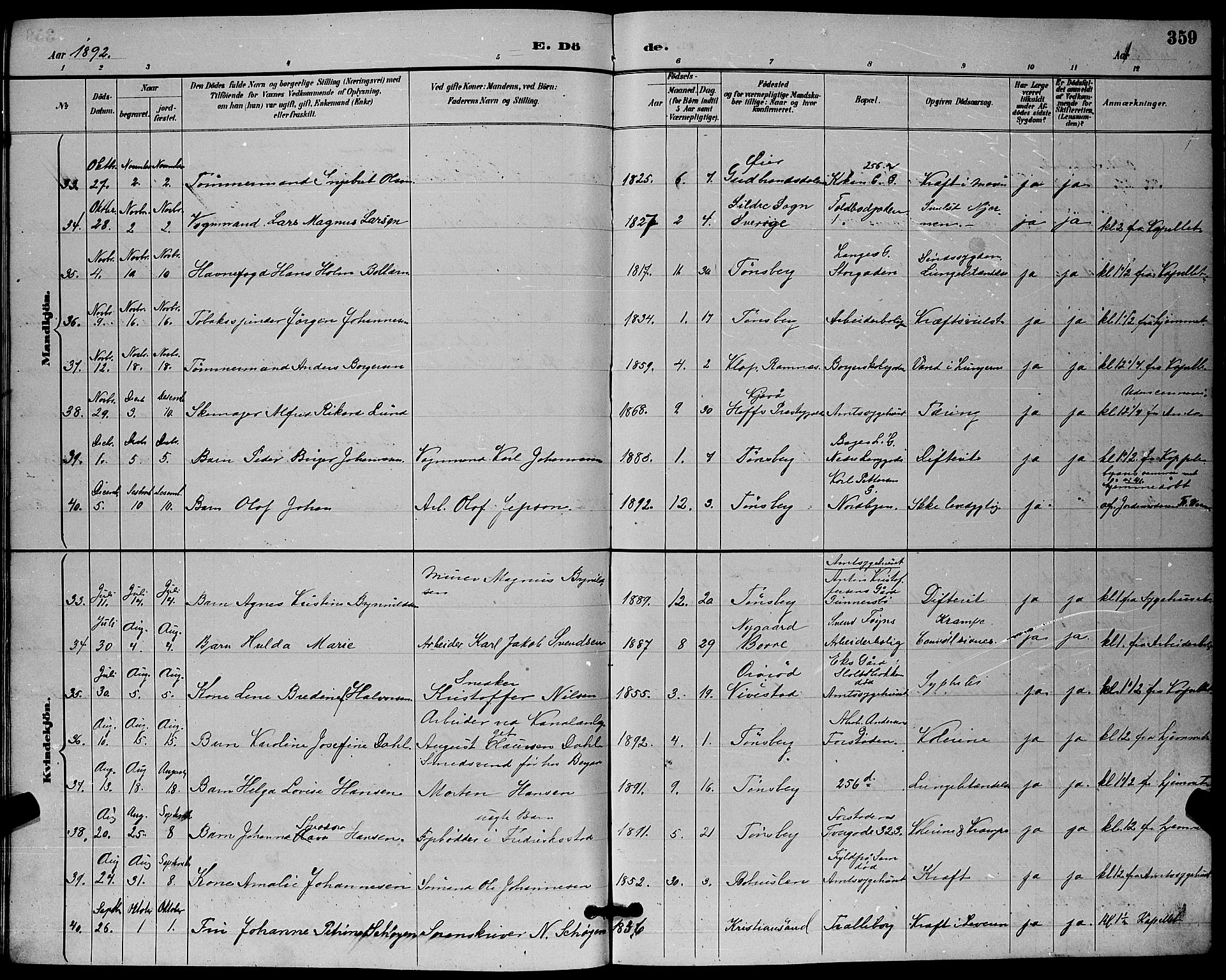 Tønsberg kirkebøker, AV/SAKO-A-330/G/Ga/L0006: Parish register (copy) no. 6, 1885-1895, p. 359