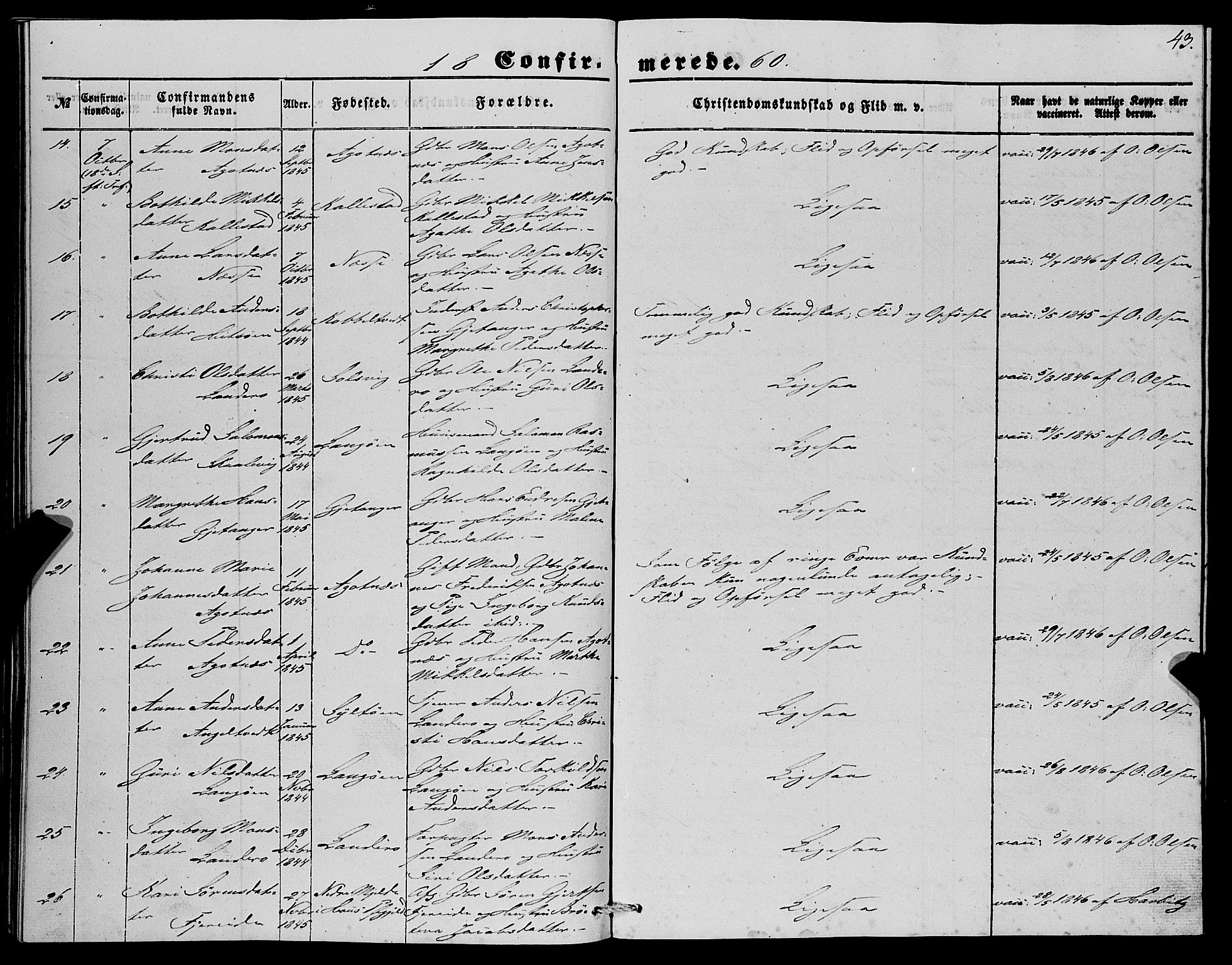 Fjell sokneprestembete, SAB/A-75301/H/Haa: Parish register (official) no. A 4, 1851-1870, p. 43
