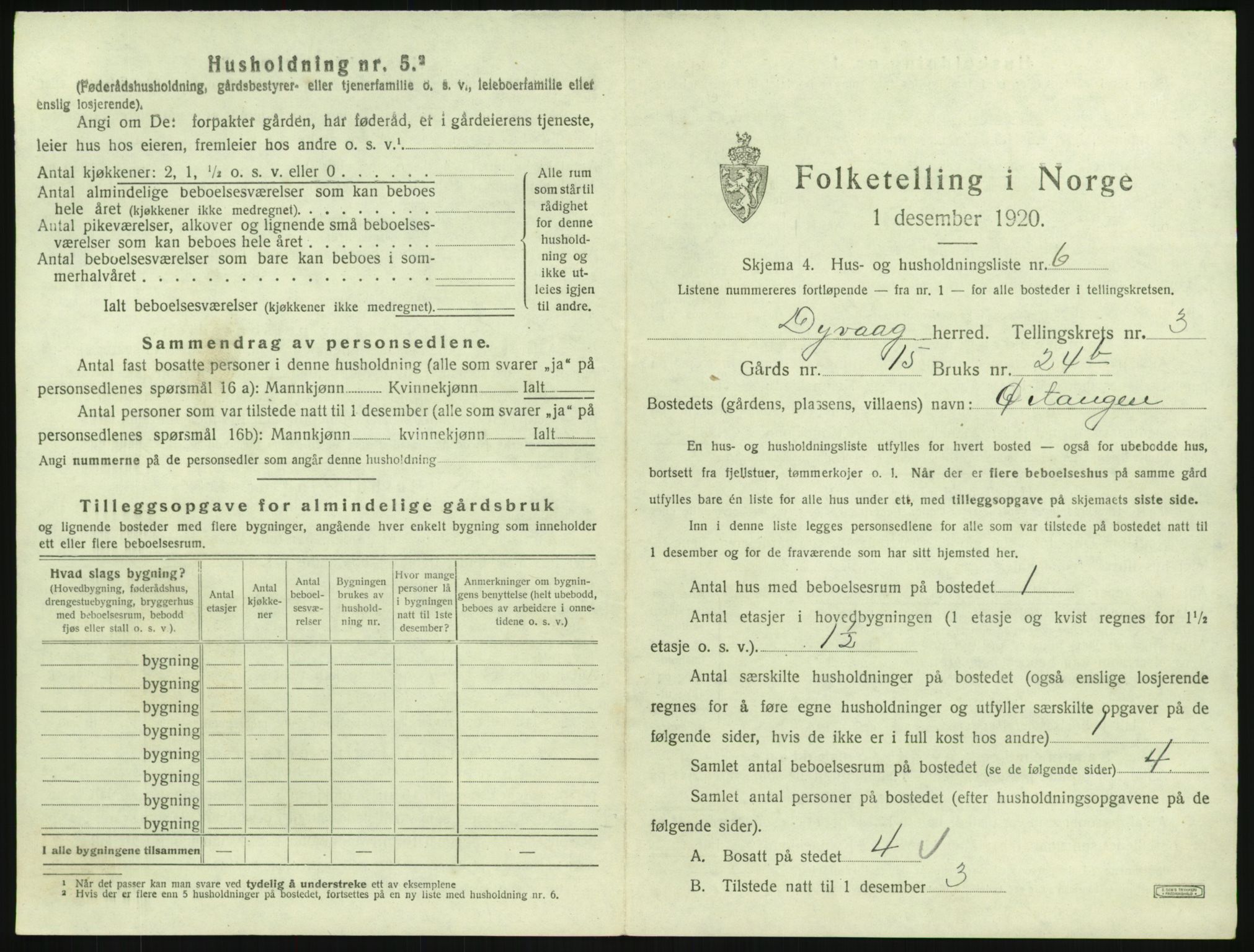 SAK, 1920 census for Dypvåg, 1920, p. 313